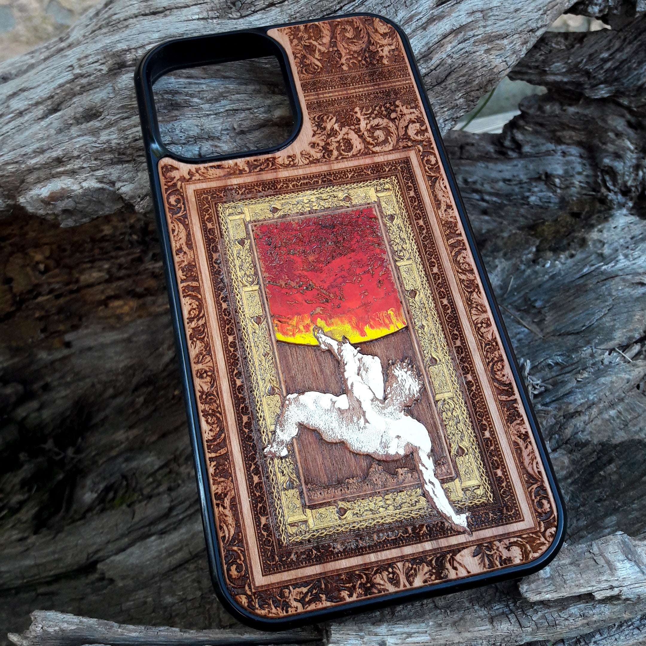 Laser-engraved Celtic Tree of Life design on a wooden phone case, compatible with iPhone and samsung galaxy