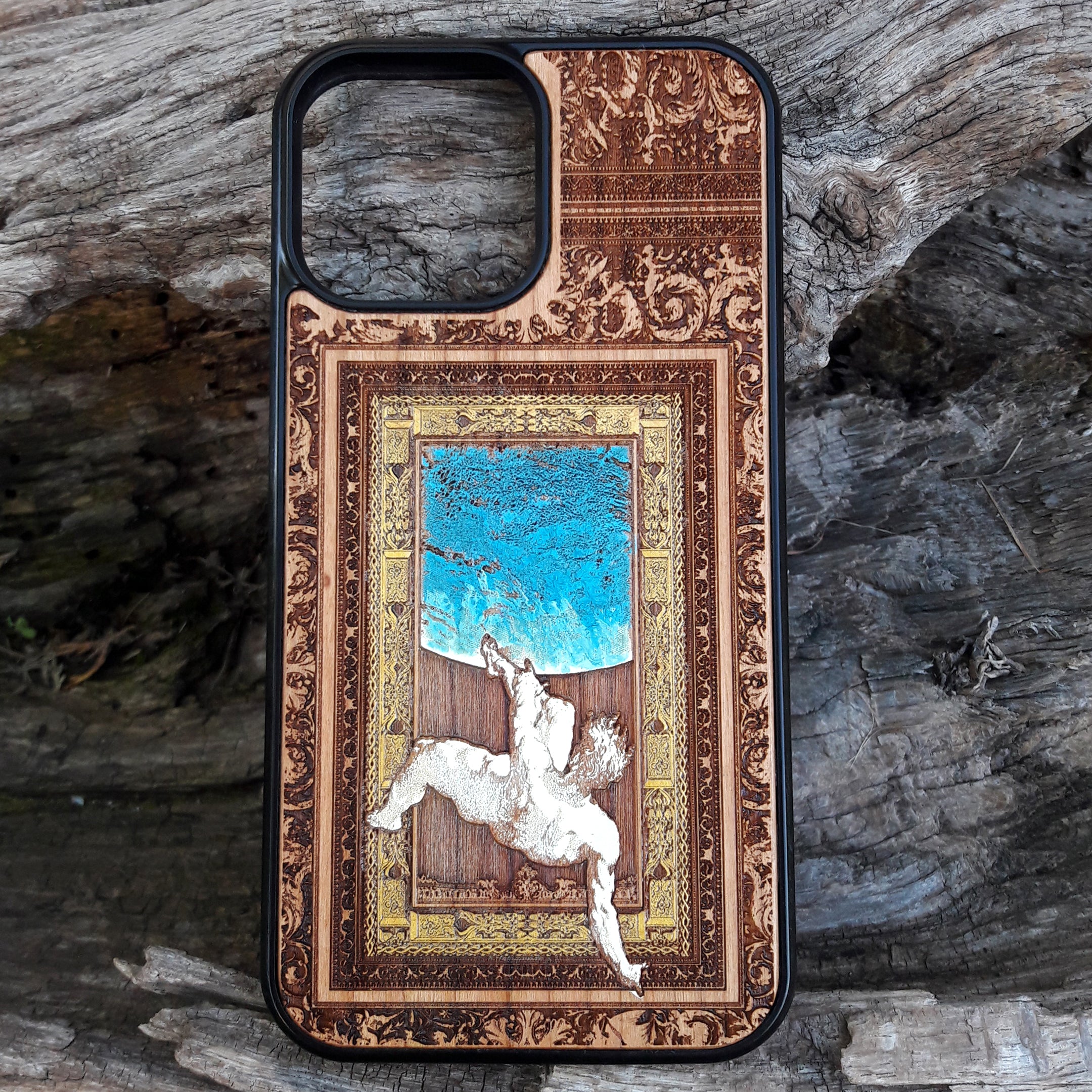 Laser-engraved Celtic Tree of Life design on a wooden phone case, compatible with iPhone and samsung galaxy