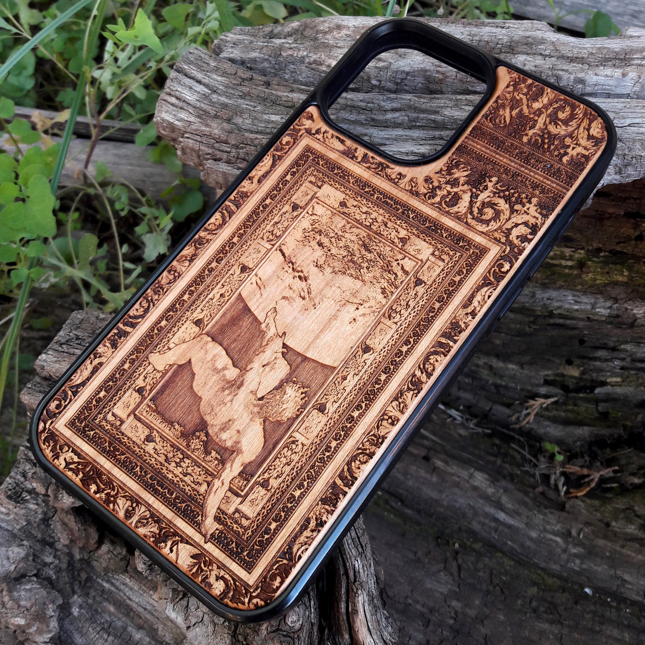 Wooden phone case with intricately engraved scene of the Fall of Phaethon, available for iPhone 16, iPhone 15, Samsung Galaxy S25, S24, and more. Ideal for mythology lovers and those seeking a unique, durable phone case.