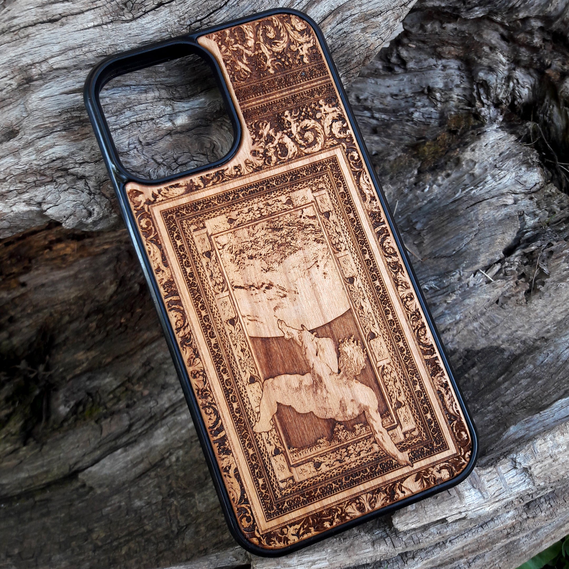Wooden phone case with intricately engraved scene of the Fall of Phaethon, available for iPhone 16, iPhone 15, Samsung Galaxy S25, S24, and more. Ideal for mythology lovers and those seeking a unique, durable phone case.