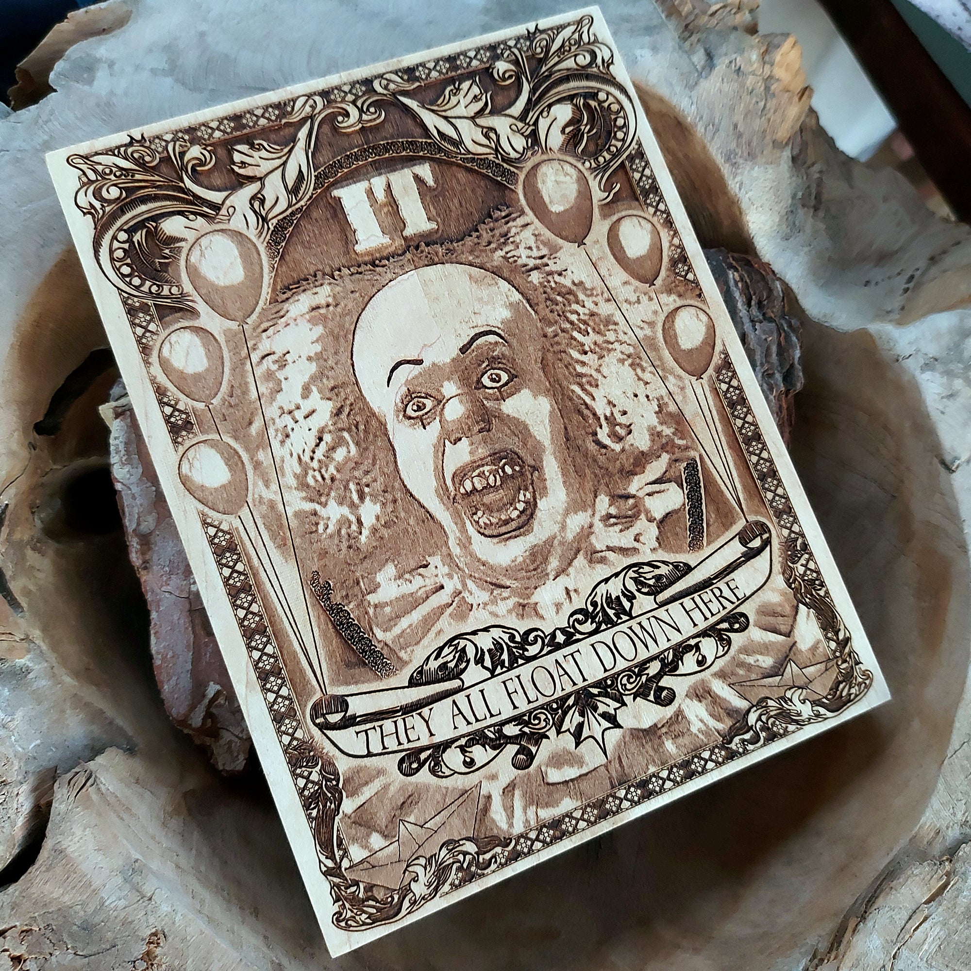 Engraved horror clown wood art - Stephen King-inspired wall decor