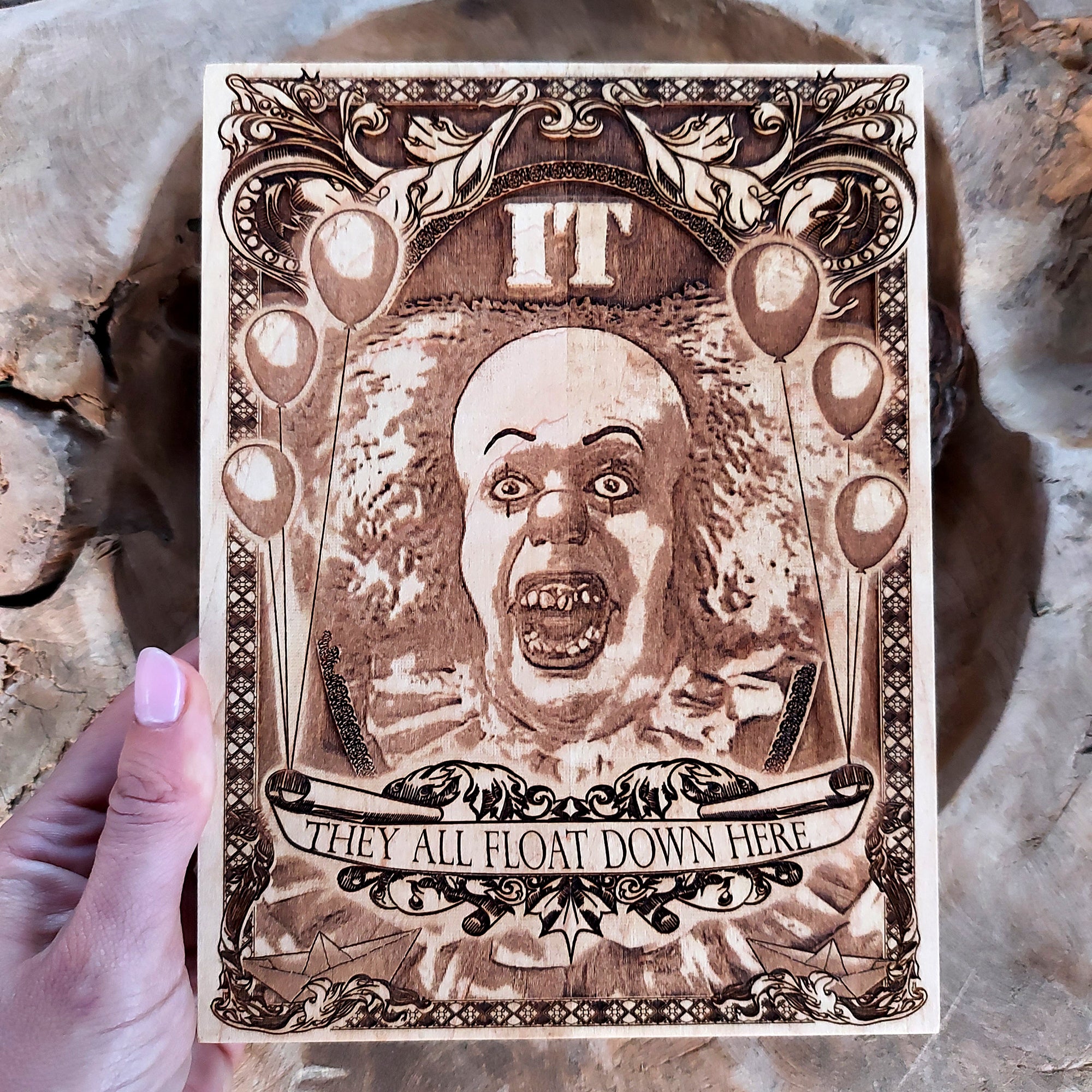 Terrifying Stephen King clown engraving - wooden horror home decor