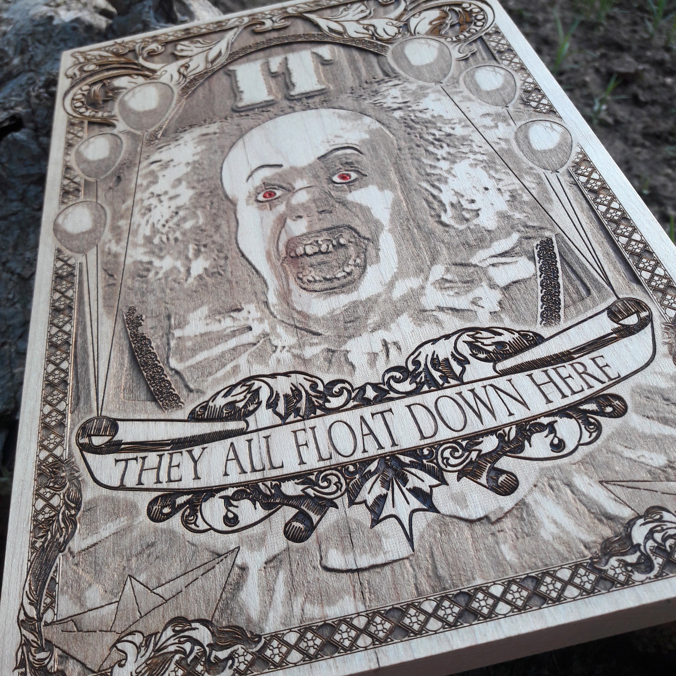 Scary clown wood engraving - perfect horror gift for him & her