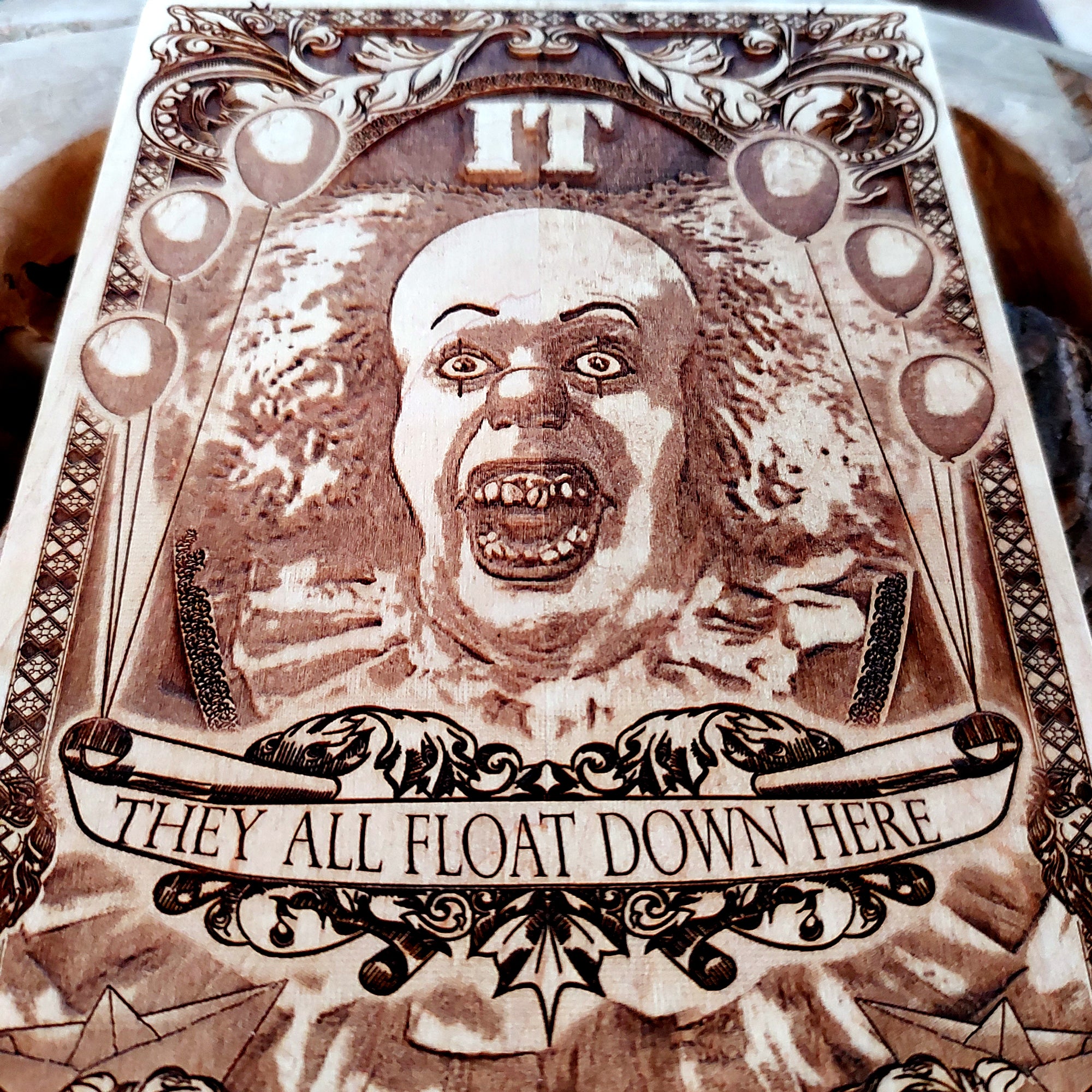 Pennywise-inspired horror clown artwork - laser-engraved wood decor