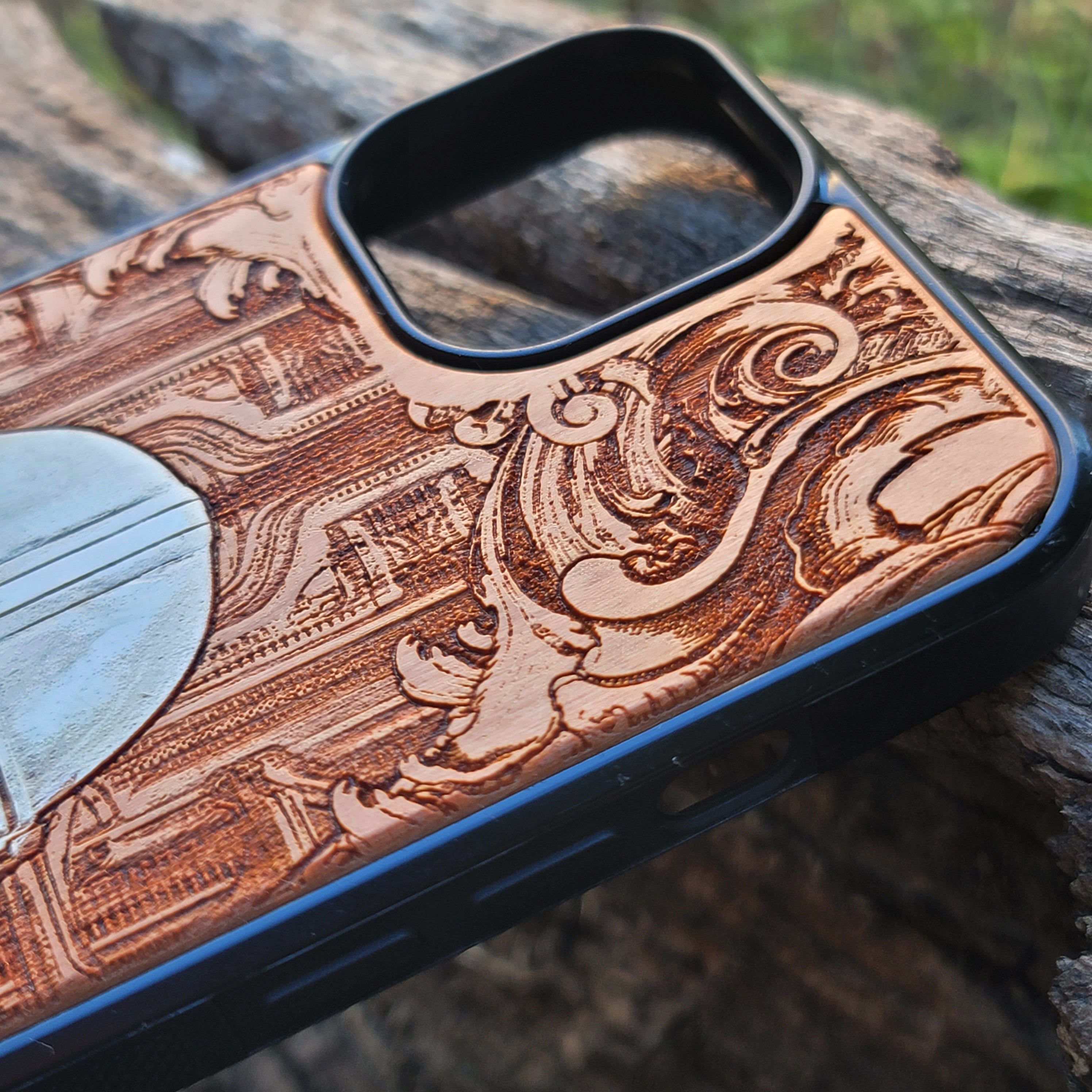 Cherrywood phone case featuring a laser-engraved Mandalorian helmet, a unique Star Wars gift for iPhone & Galaxy users.