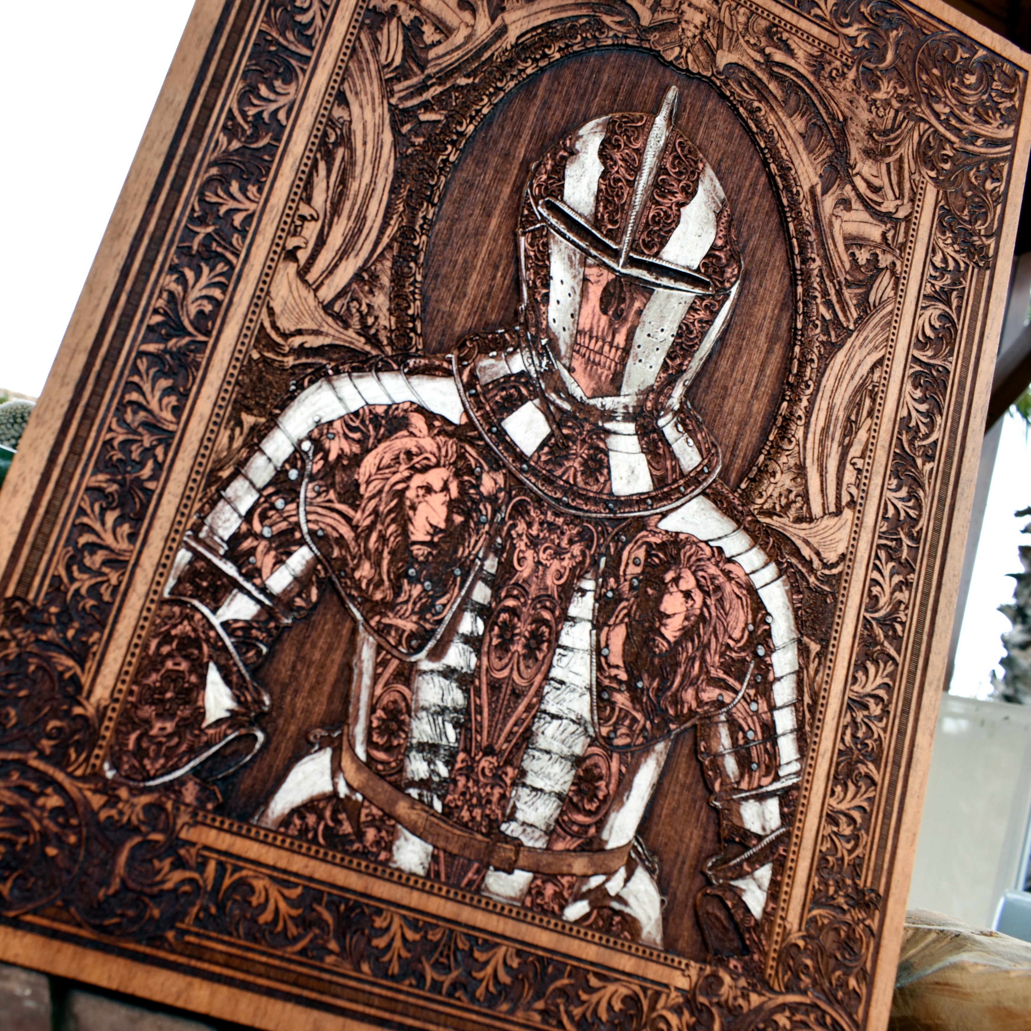 Knight with sword and shield carved in wood, medieval fantasy art.