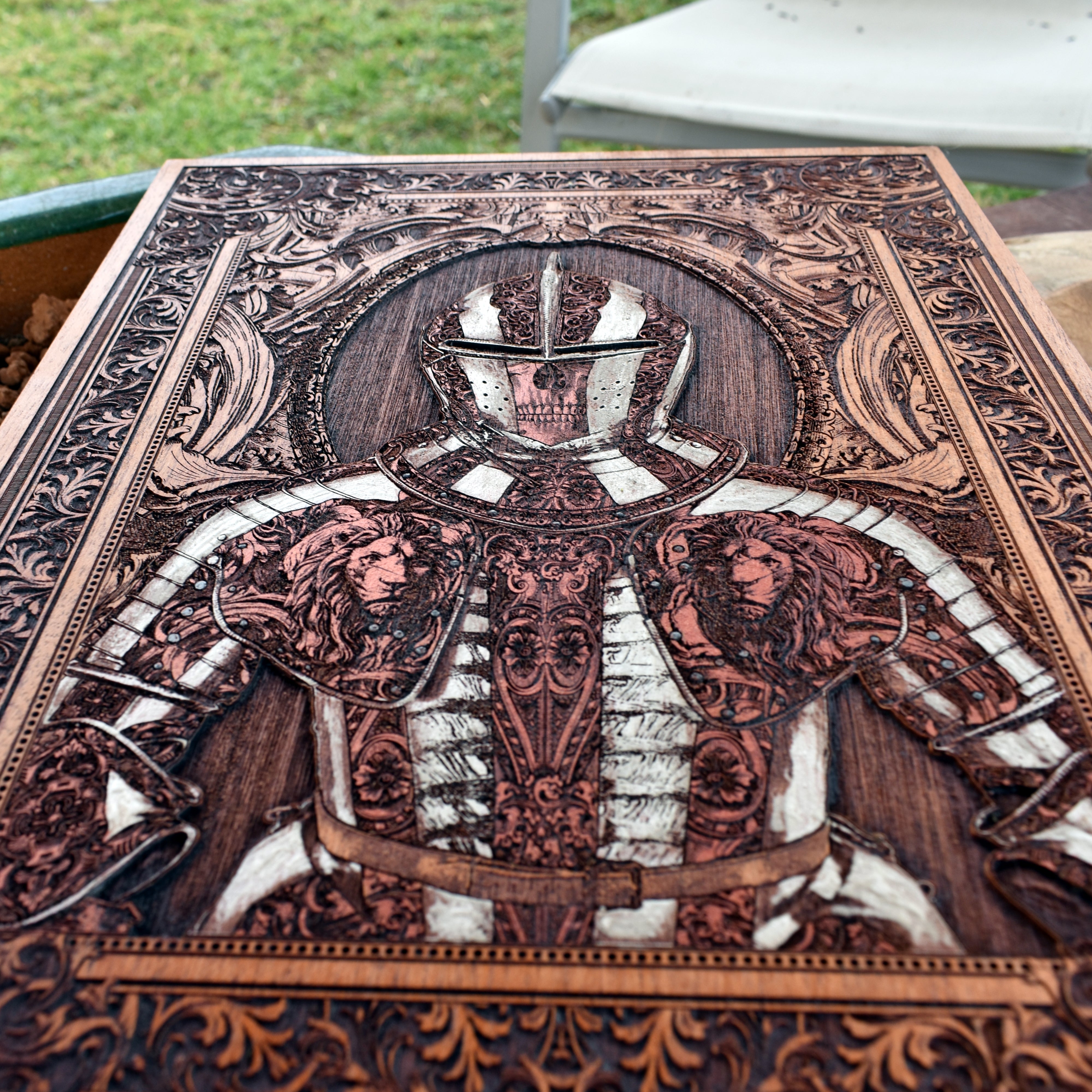 Gothic home wall art featuring medieval knight with engraved detail.