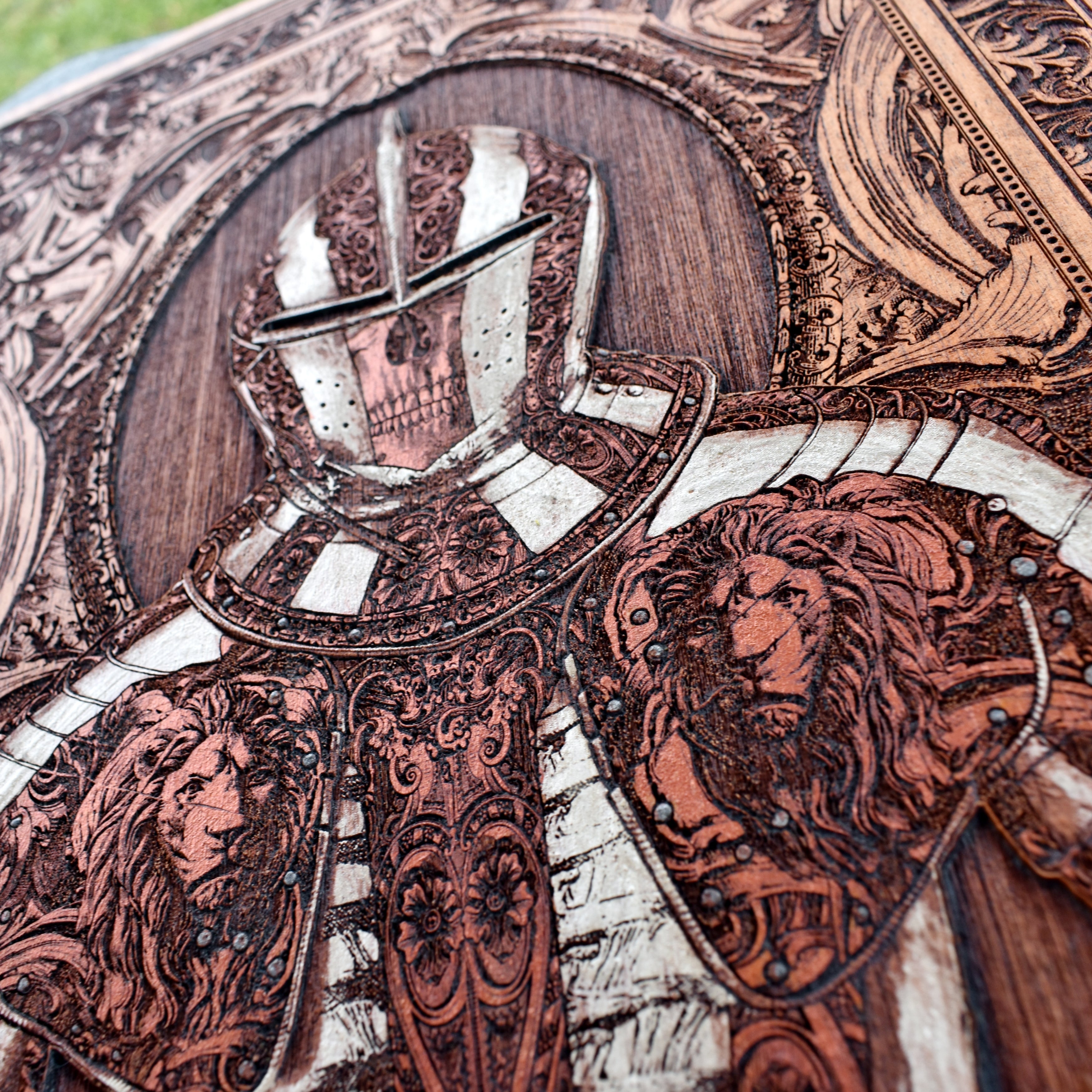 Wood plaque of armored knight, bold gift for history lovers.