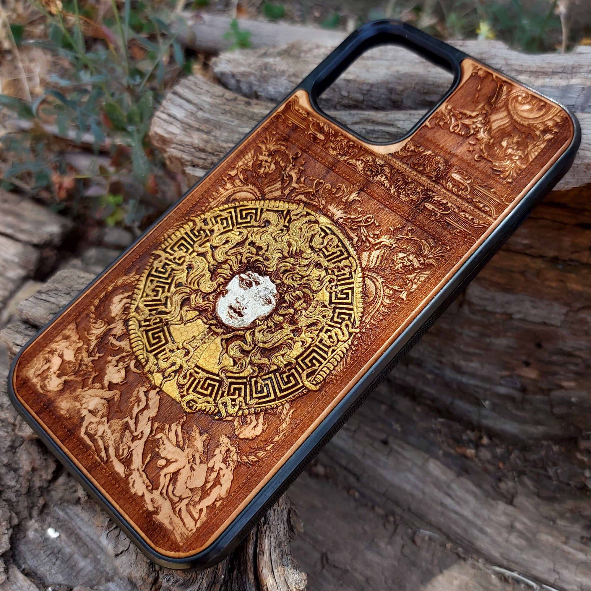 Laser-engraved Medusa design on a wooden phone case, compatible with iPhone , Galaxy