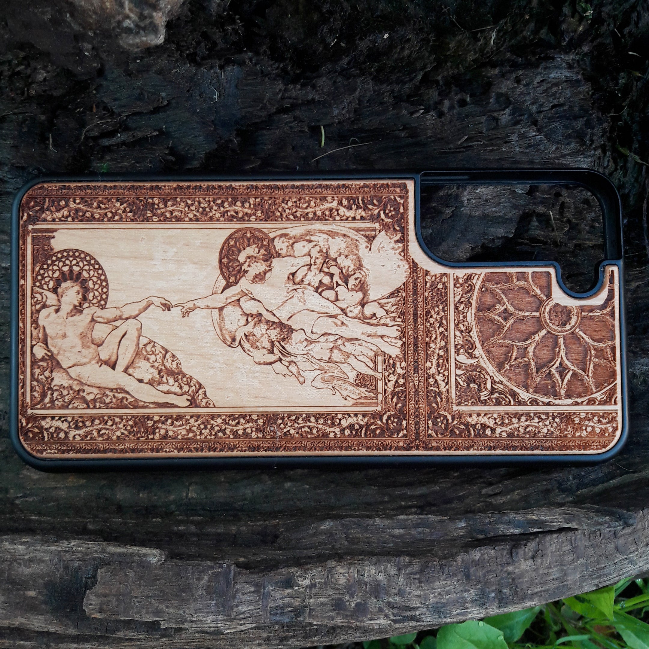 Michelangelo's Sistine Chapel Adam Creation wooden phone case, intricately engraved design, perfect for iPhone , iPhone 15, Galaxy S, S24, and more. A unique, artistic case for lovers of classical art and gothic styles.