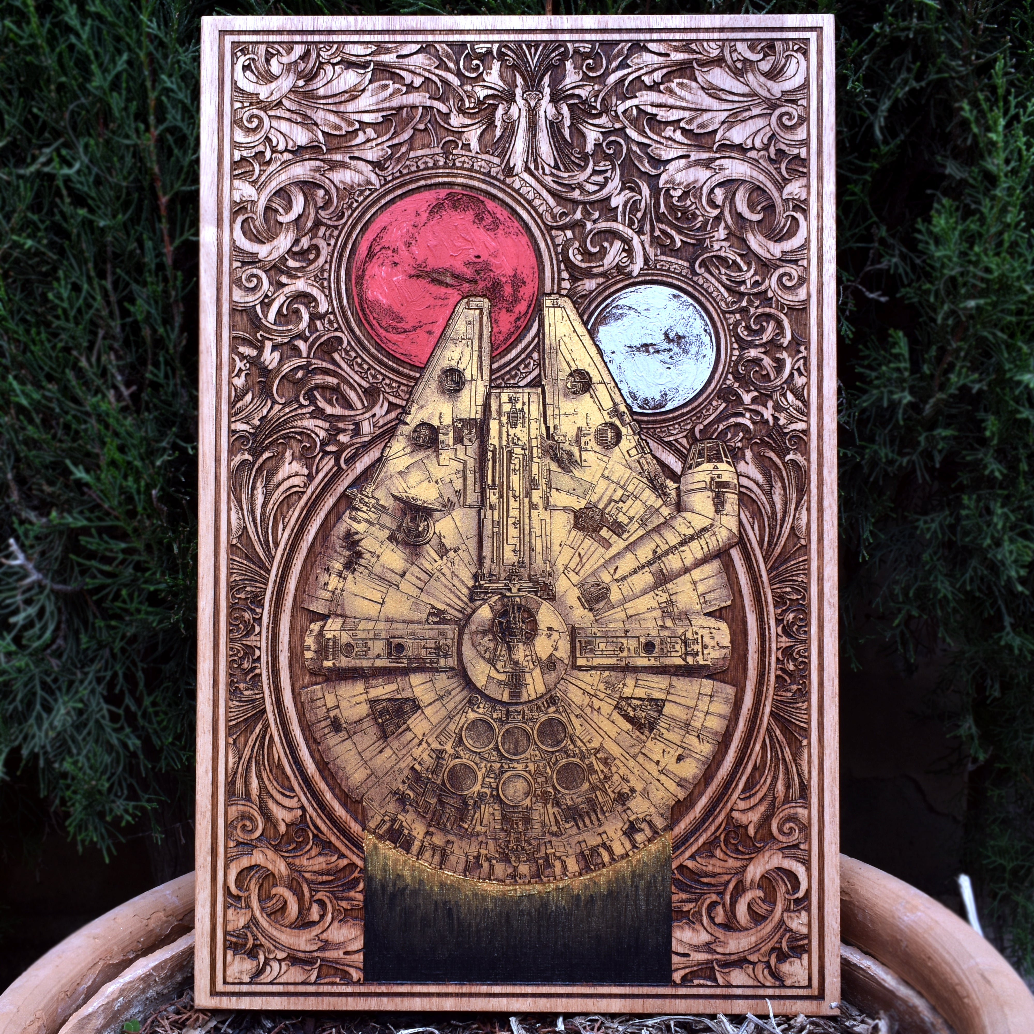 X-Wing fighter in gold, intricately painted on a high-quality cedar wood triptych, perfect for sci-fi wall art lovers.