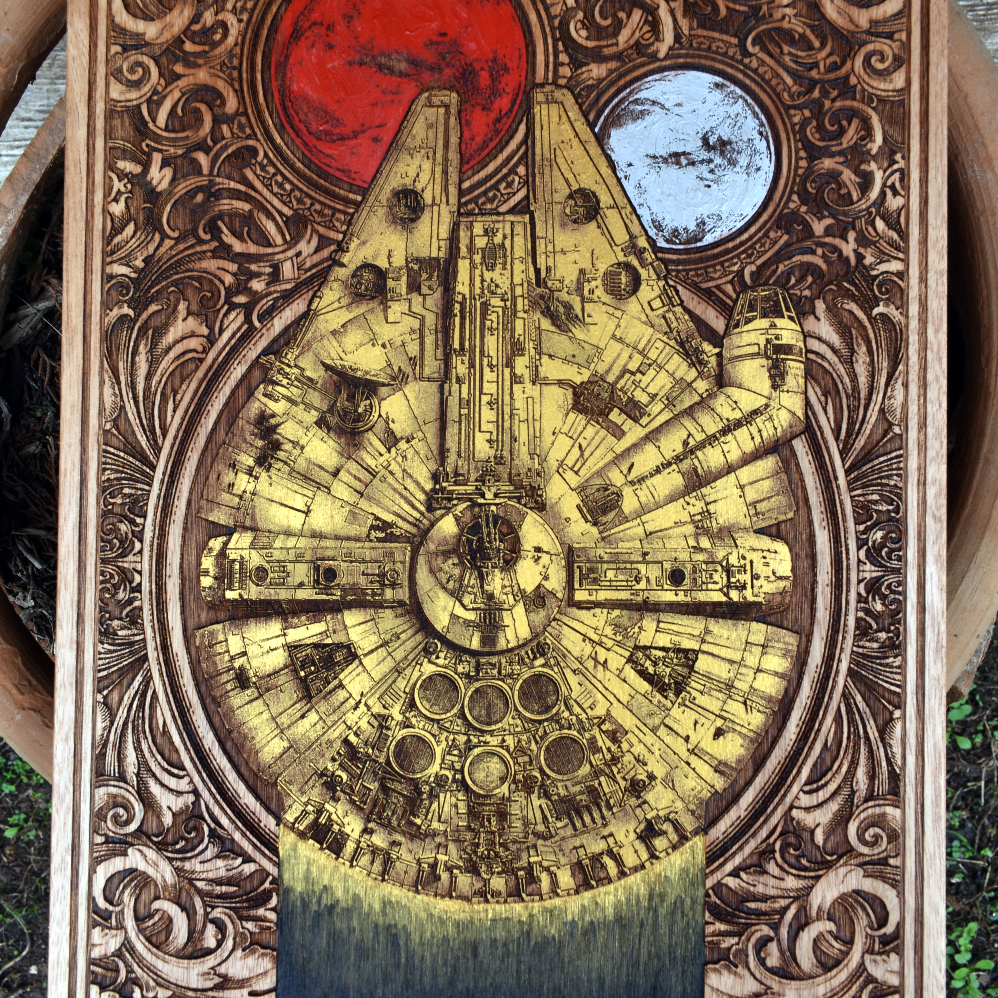 Side view of the entire Star Wars triptych, showcasing the handcrafted cedar panels and intricate golden artwork.