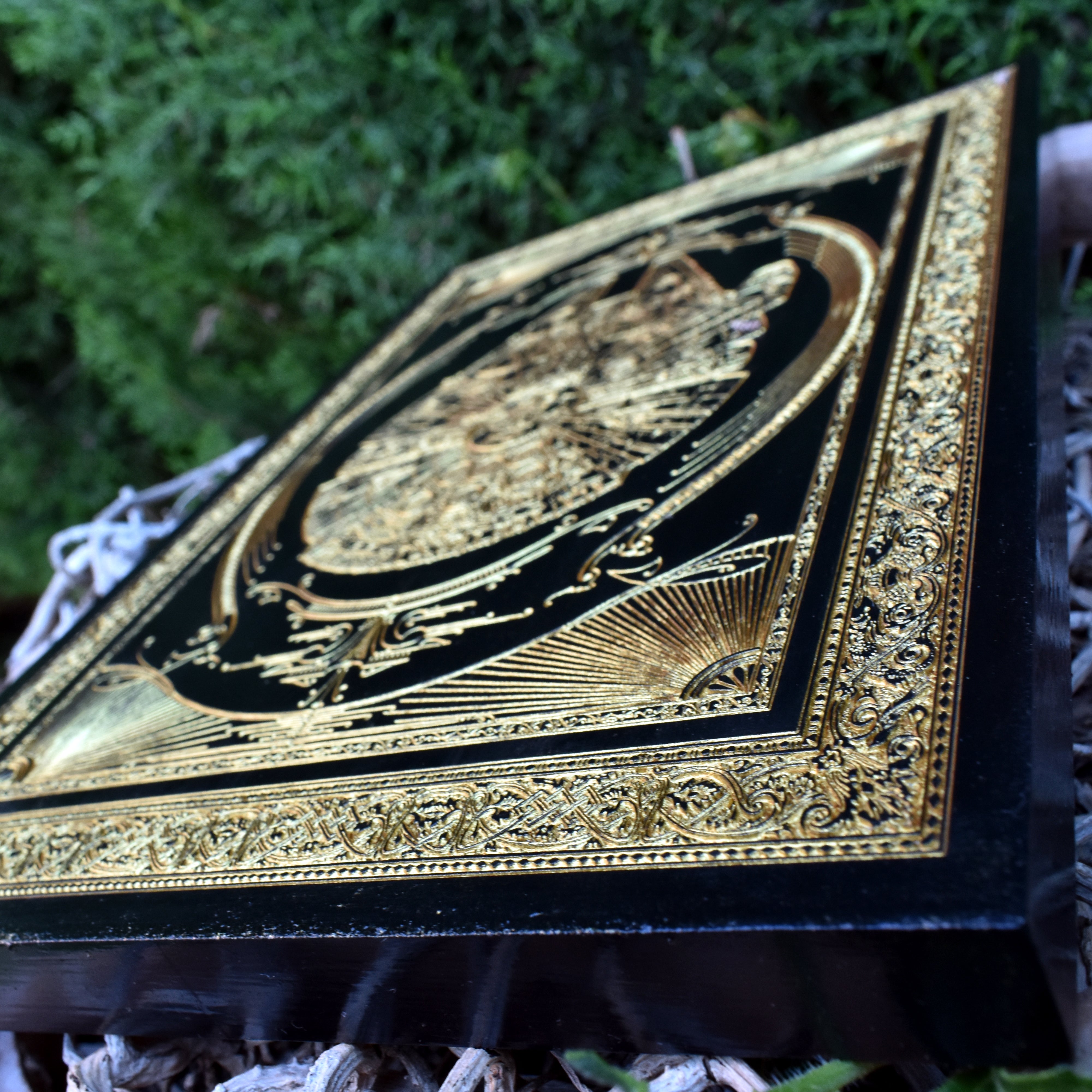 Handcrafted wood art featuring a starship resembling the Millennium Falcon, ideal geek gift.