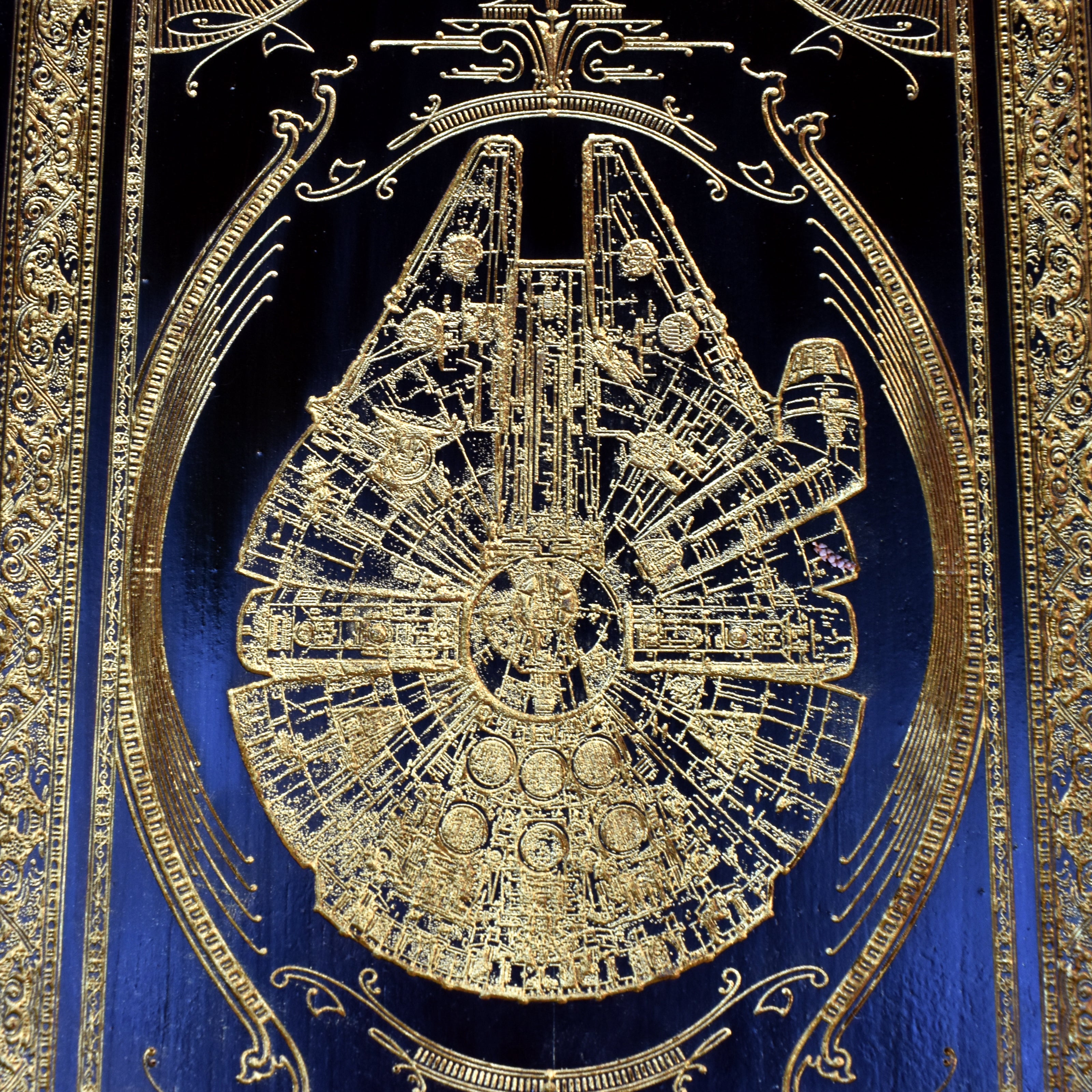 Wooden Millennium Falcon tribute art, great gift for space movie and Star Wars lovers.