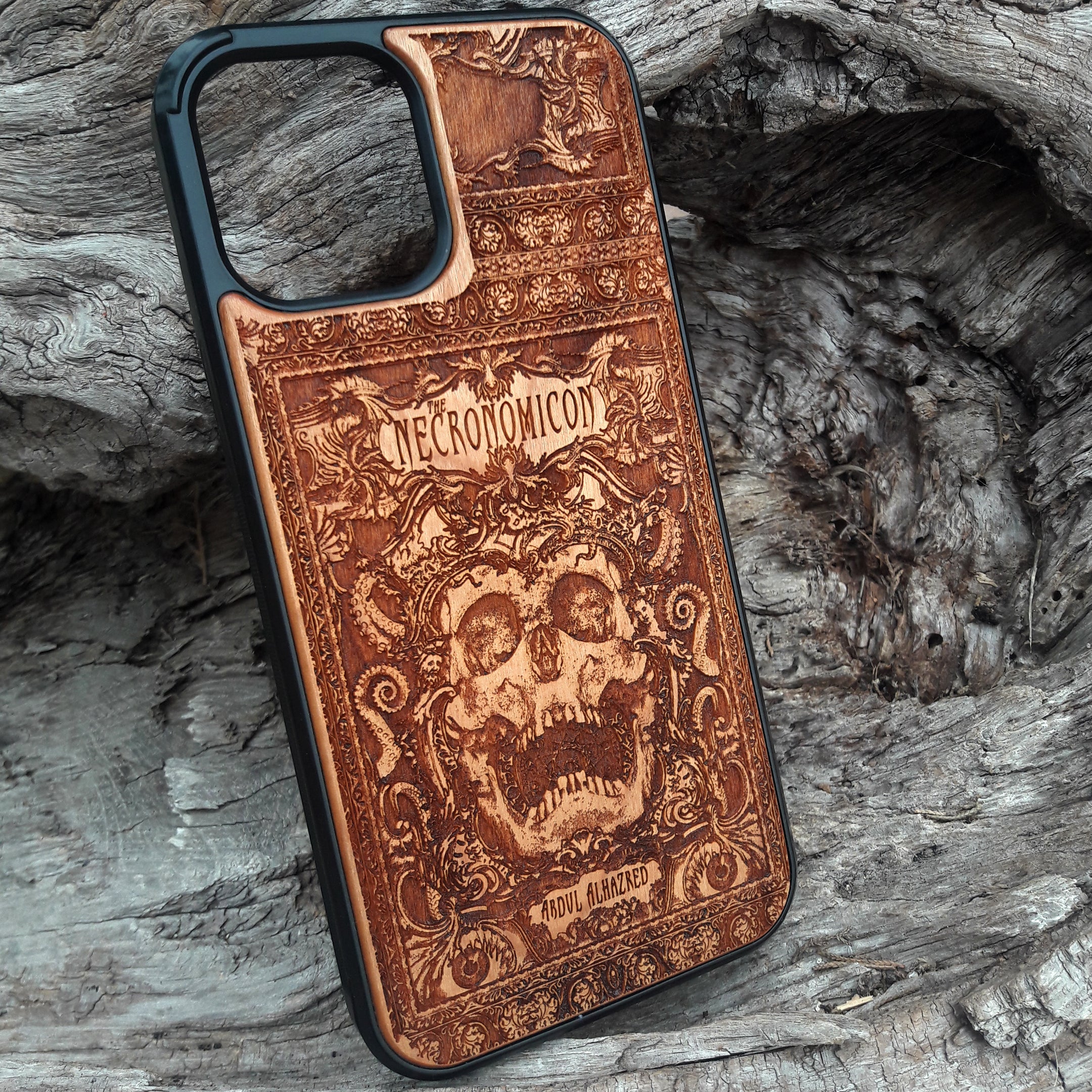 Necronomicon phone case with detailed H.P. Lovecraft-inspired Cthulhu mythos design, perfect for iPhone & Galaxy users.
