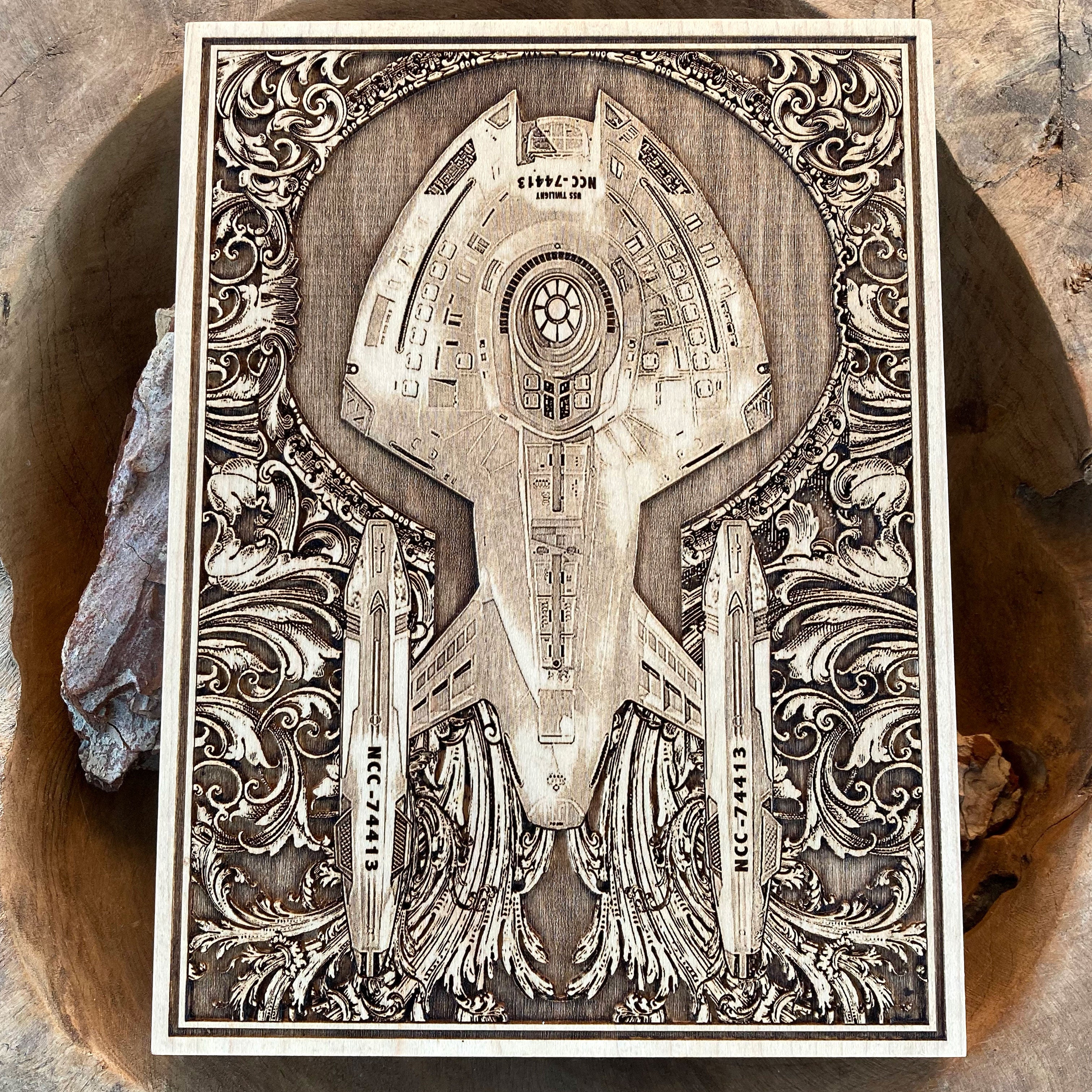 Handcrafted Starship Enterprise wood wall art for sci-fi fans