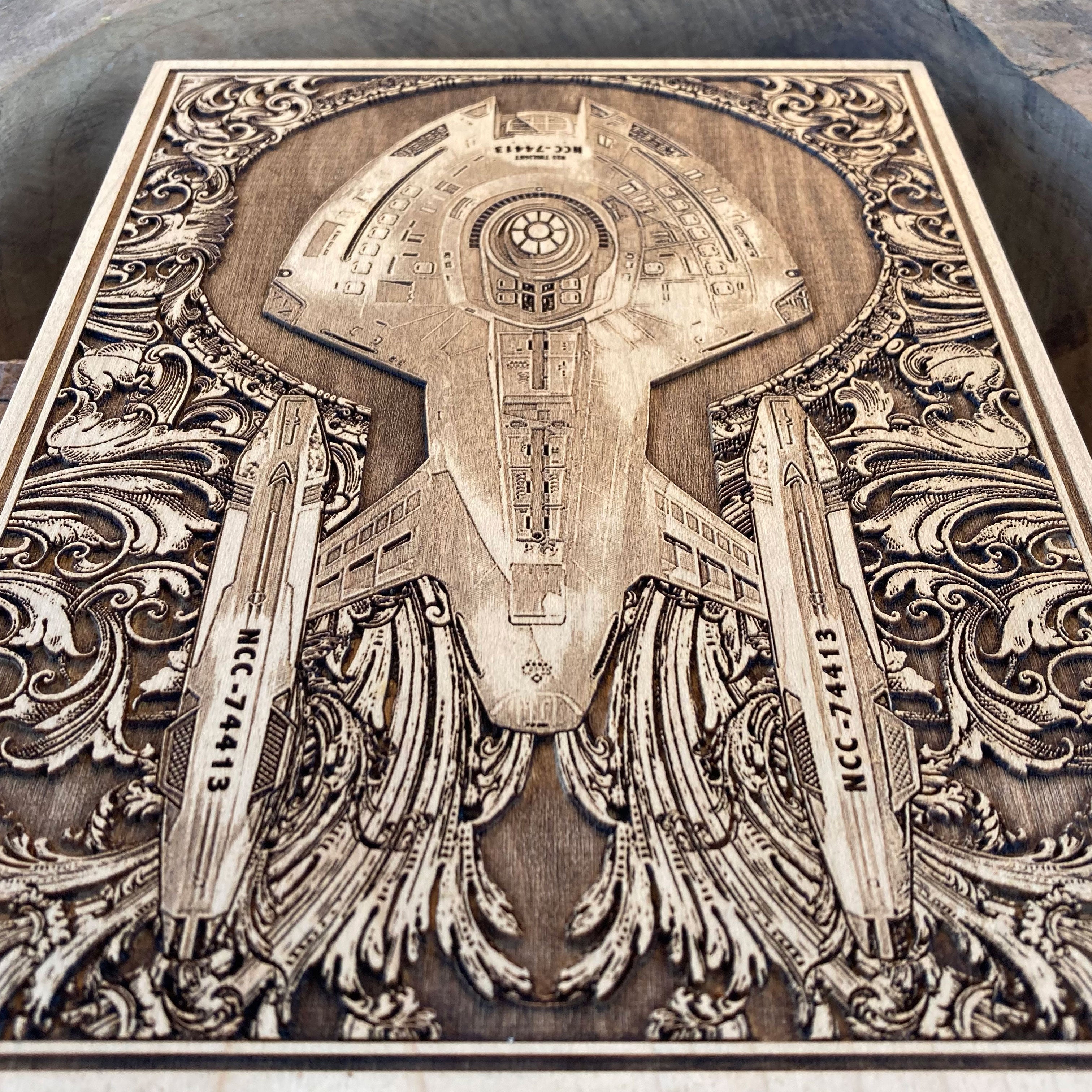 Engraved wood Starship Enterprise artwork for sci-fi lovers