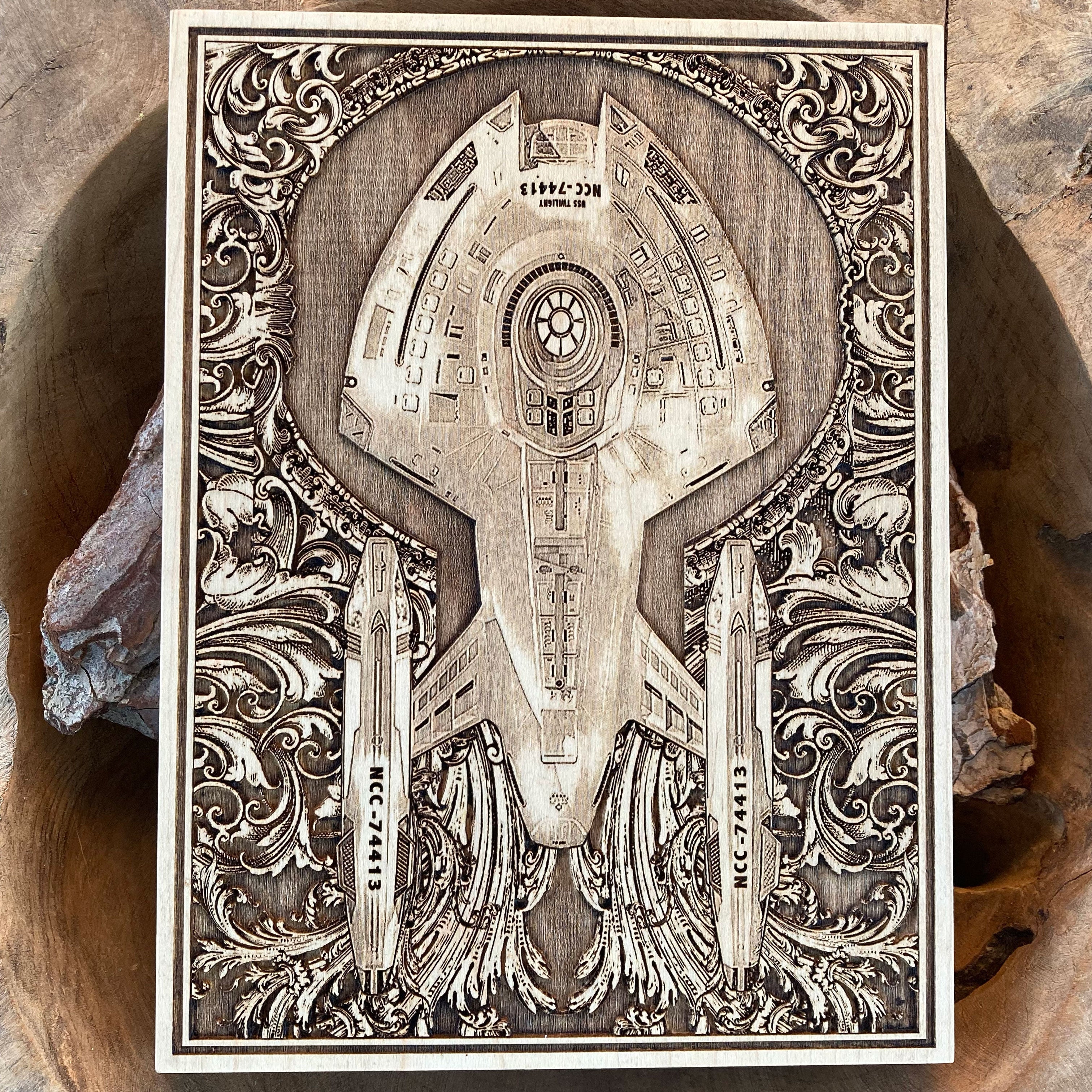 Handmade wood-engraved starship wall art for space lovers