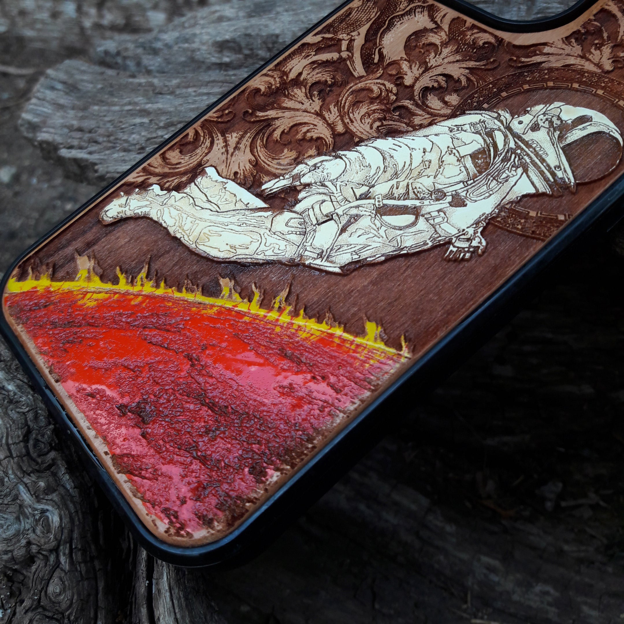 Astronaut-inspired hand-painted wood phone case for collectors