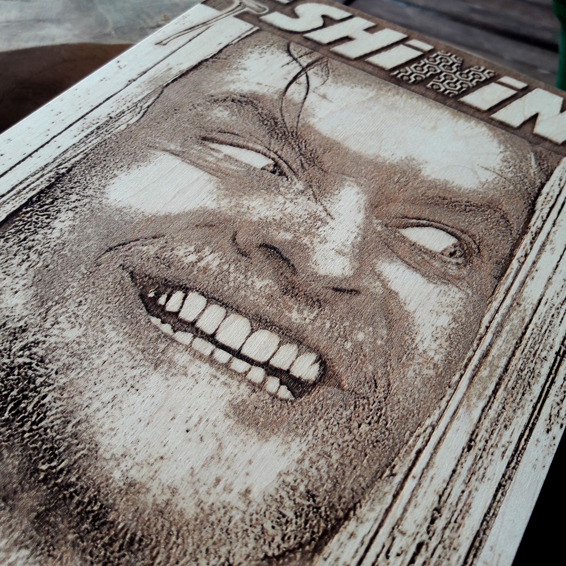 Jack Nicholson horror scene wood engraving – unique movie decor