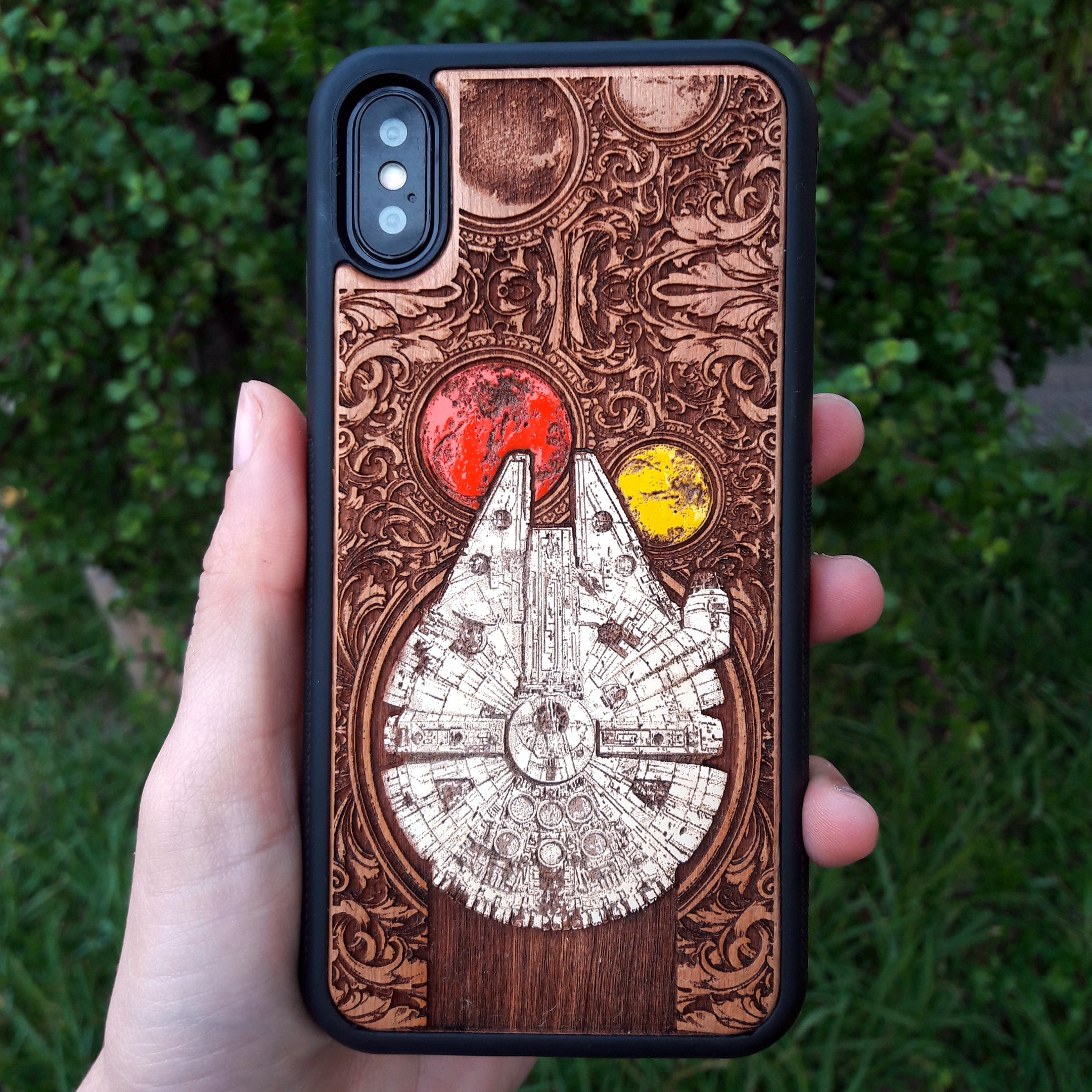 Millennium Falcon wooden phone case, hand-painted and laser-engraved on cherrywood. Compatible with iPhone , Galaxy S, and more. Sci-fi inspired phone case.
