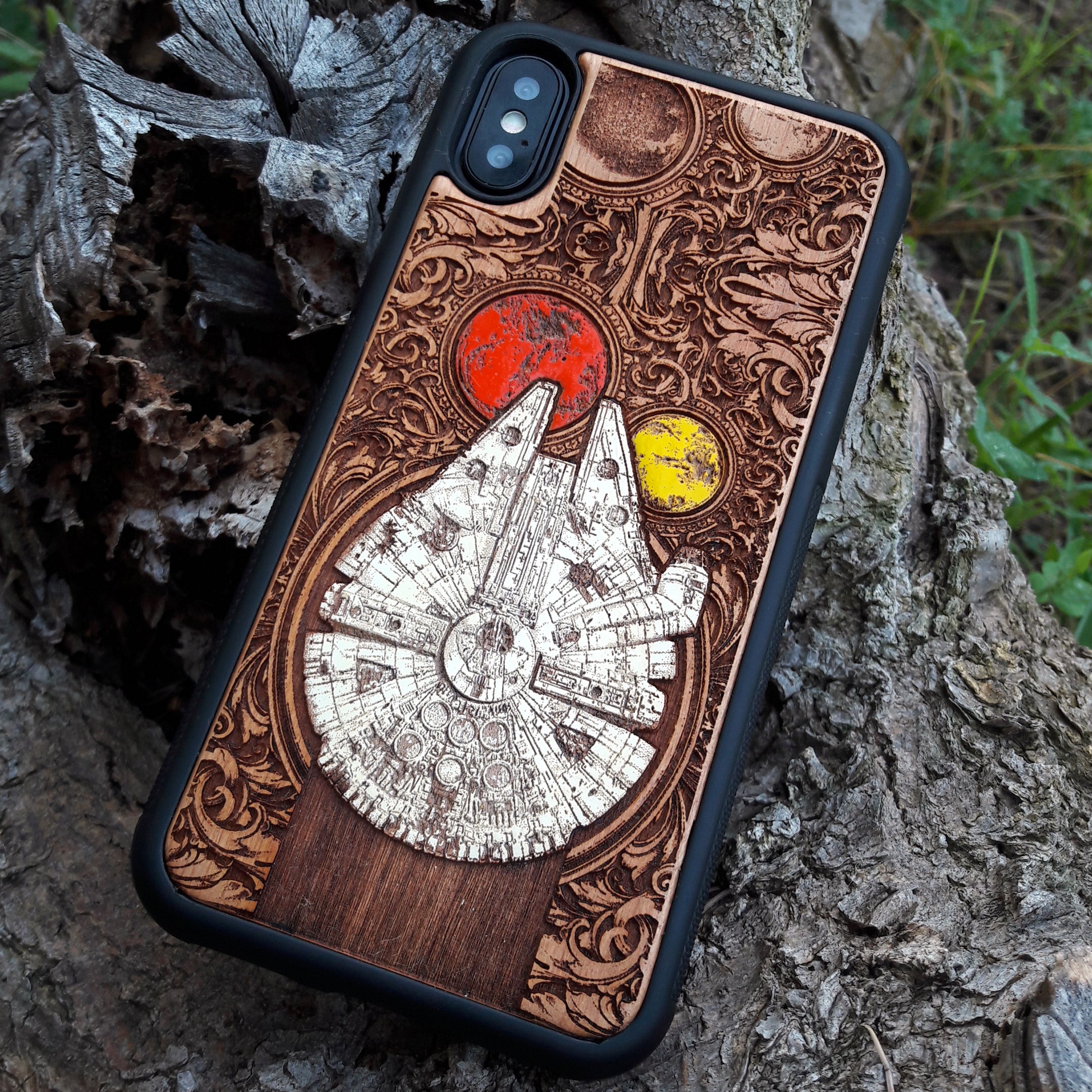Millennium Falcon wooden phone case, hand-painted and laser-engraved on cherrywood. Compatible with iPhone , Galaxy S, and more. Sci-fi inspired phone case.