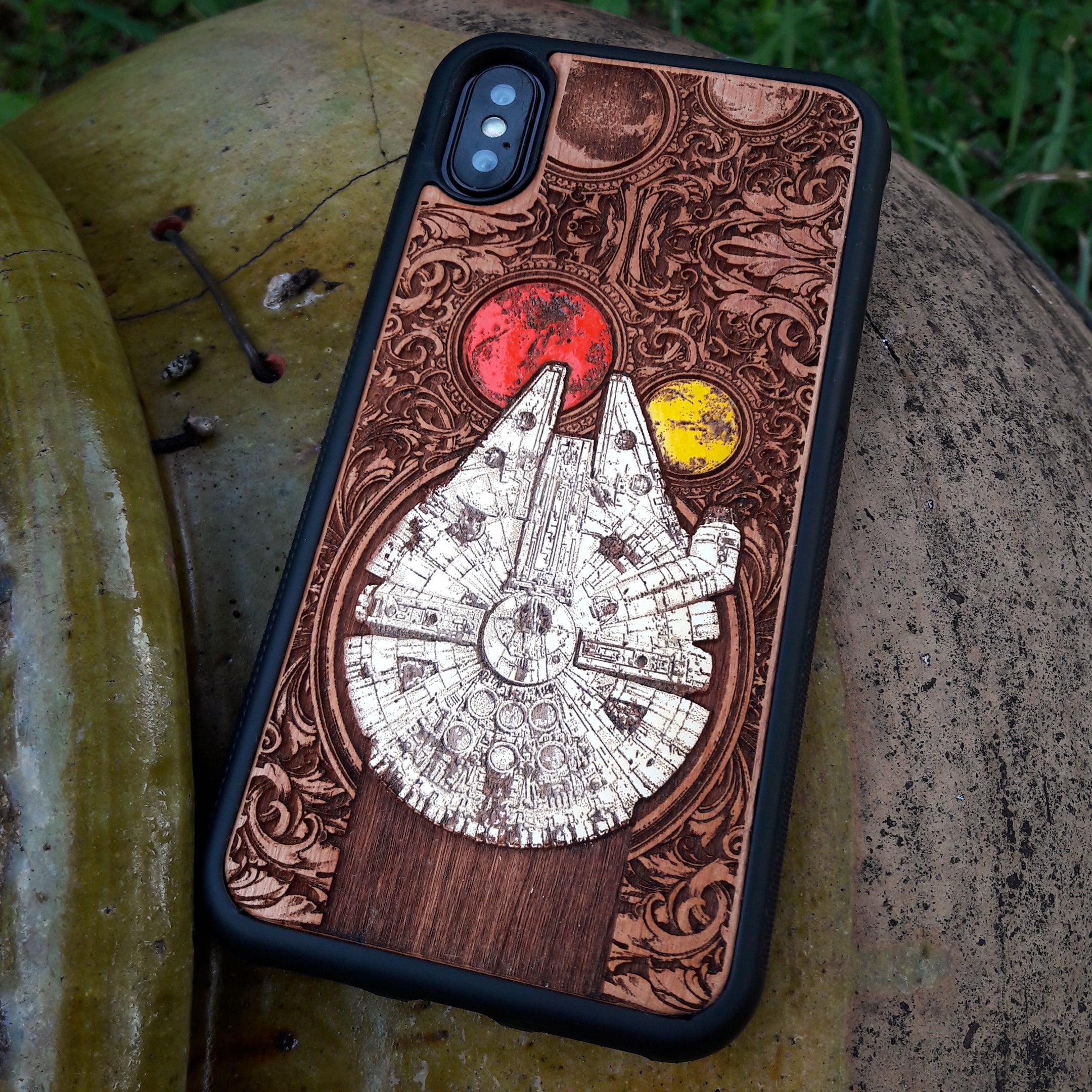 Millennium Falcon wooden phone case, hand-painted and laser-engraved on cherrywood. Compatible with iPhone , Galaxy S, and more. Sci-fi inspired phone case.