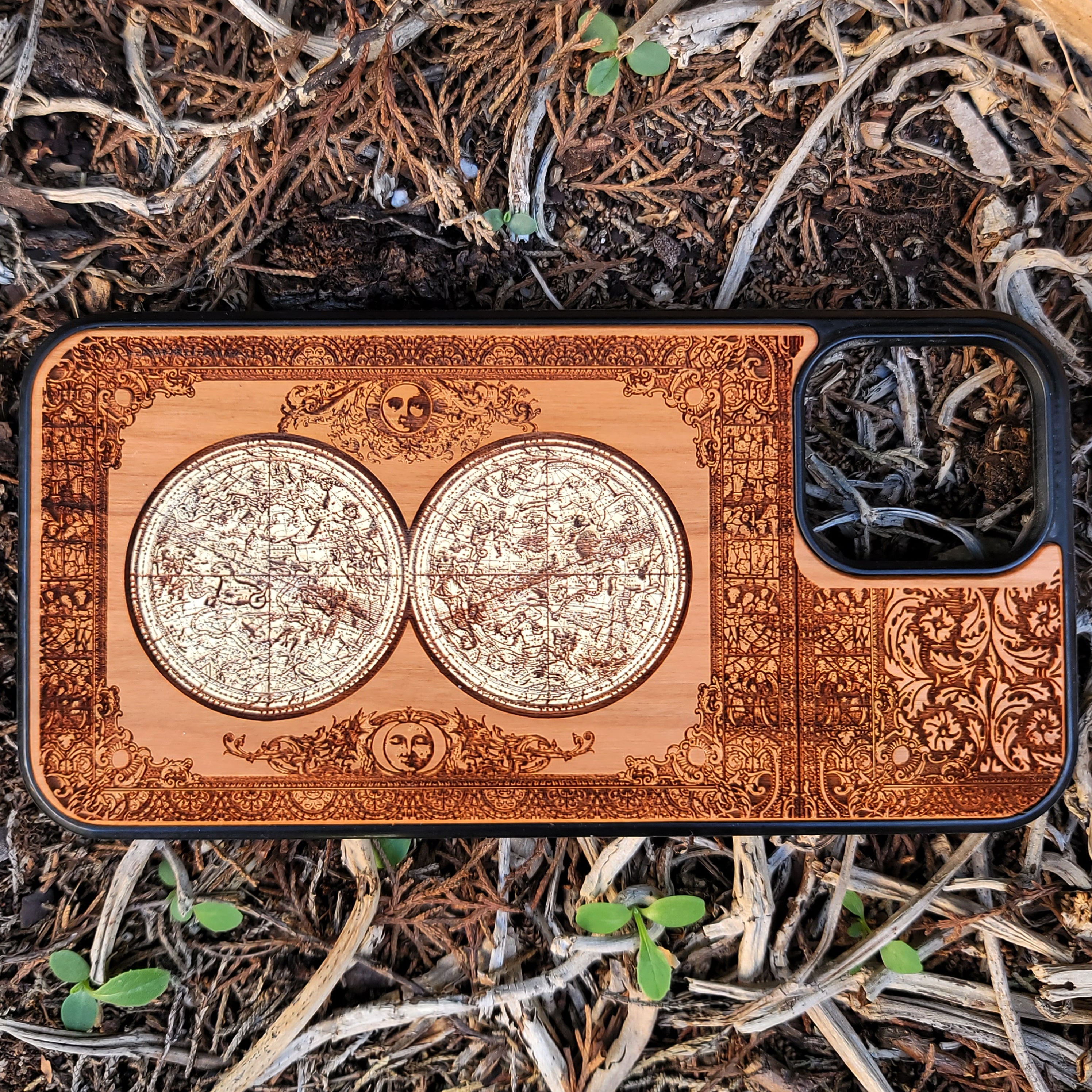Star constellation artwork engraved on a wooden phone case, compatible with iPhone and Samsung Galaxy