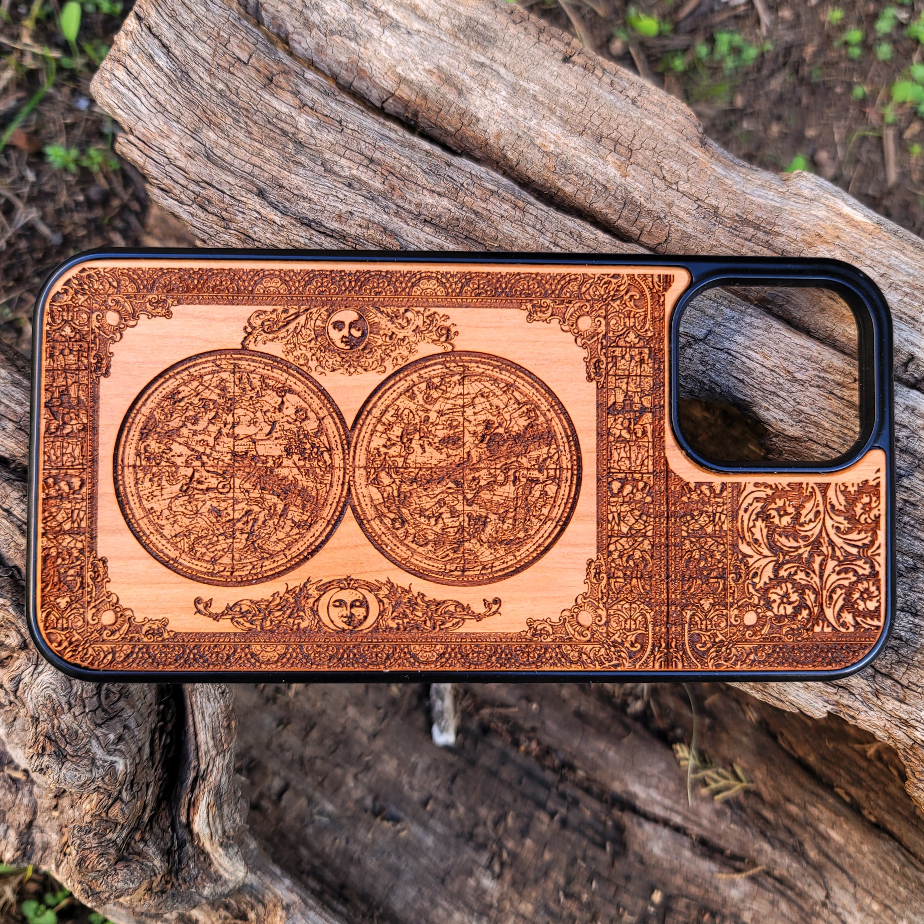 Wooden phone case featuring an intricate Earth map engraving, available for iPhone , Samsung Galaxy S, and more. Eco-friendly, unique design, ideal for lovers of travel and geography.