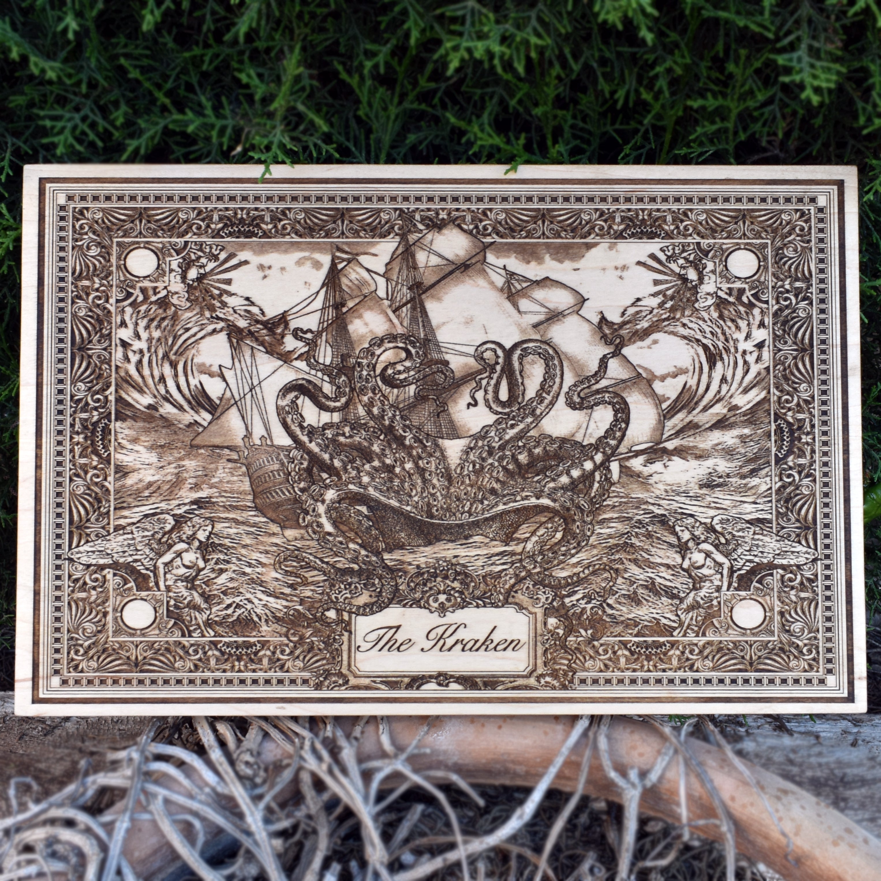 Kraken wood engraving, laser-etched nautical wall art, ocean monster decor