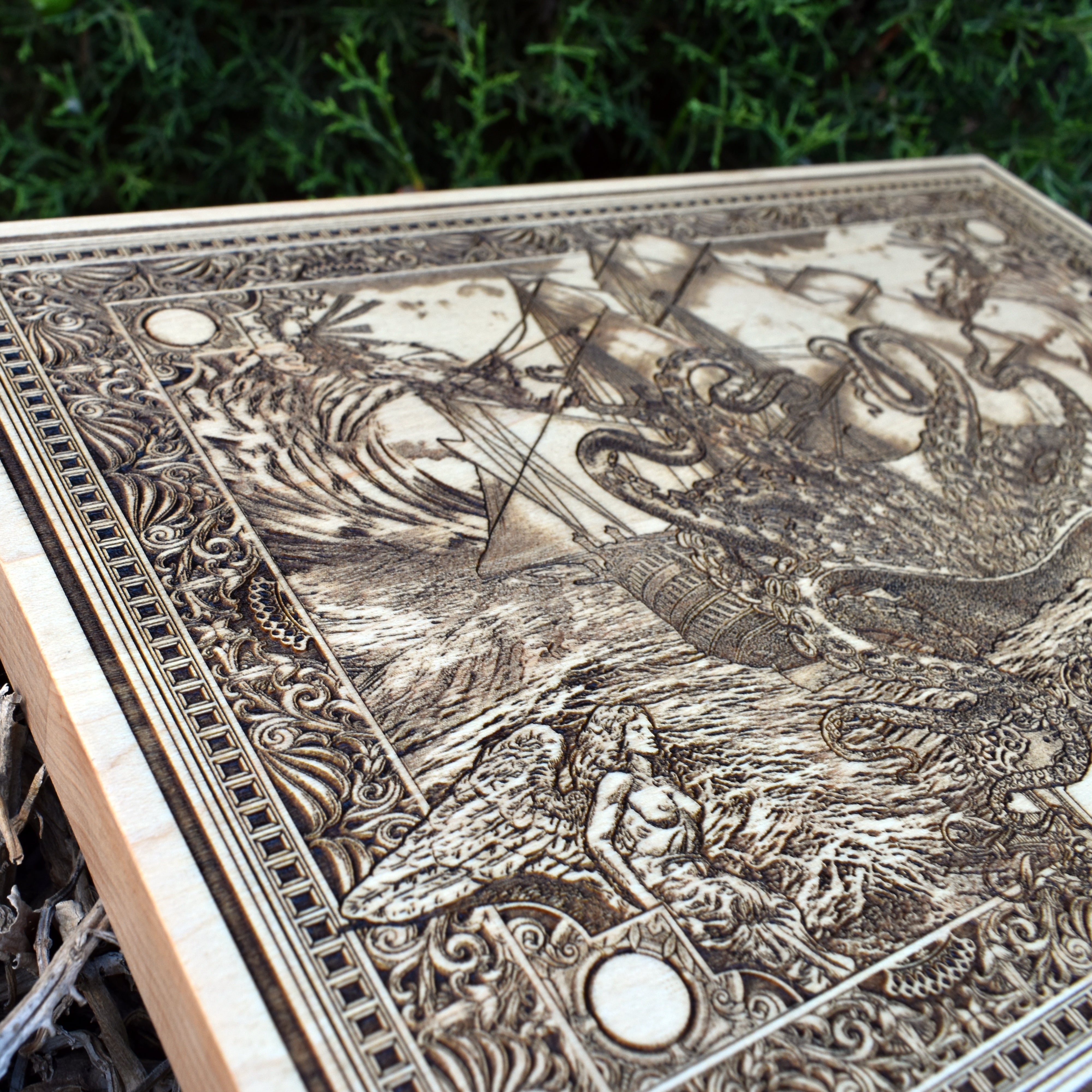 Deep sea myth wood carving, handcrafted nautical monster decor