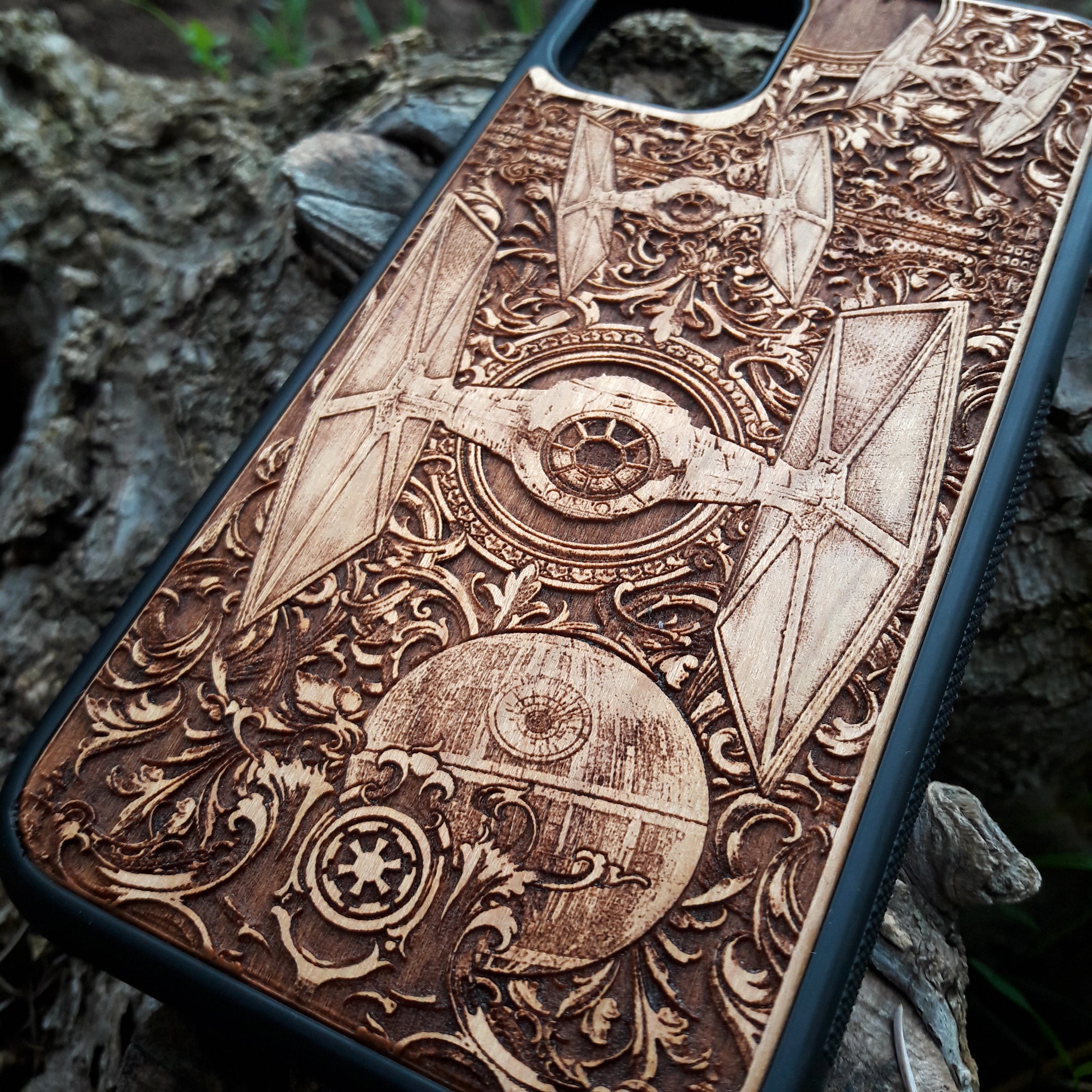 Laser engraved Star Wars Tie Fighter phone case for iPhone & Galaxy models