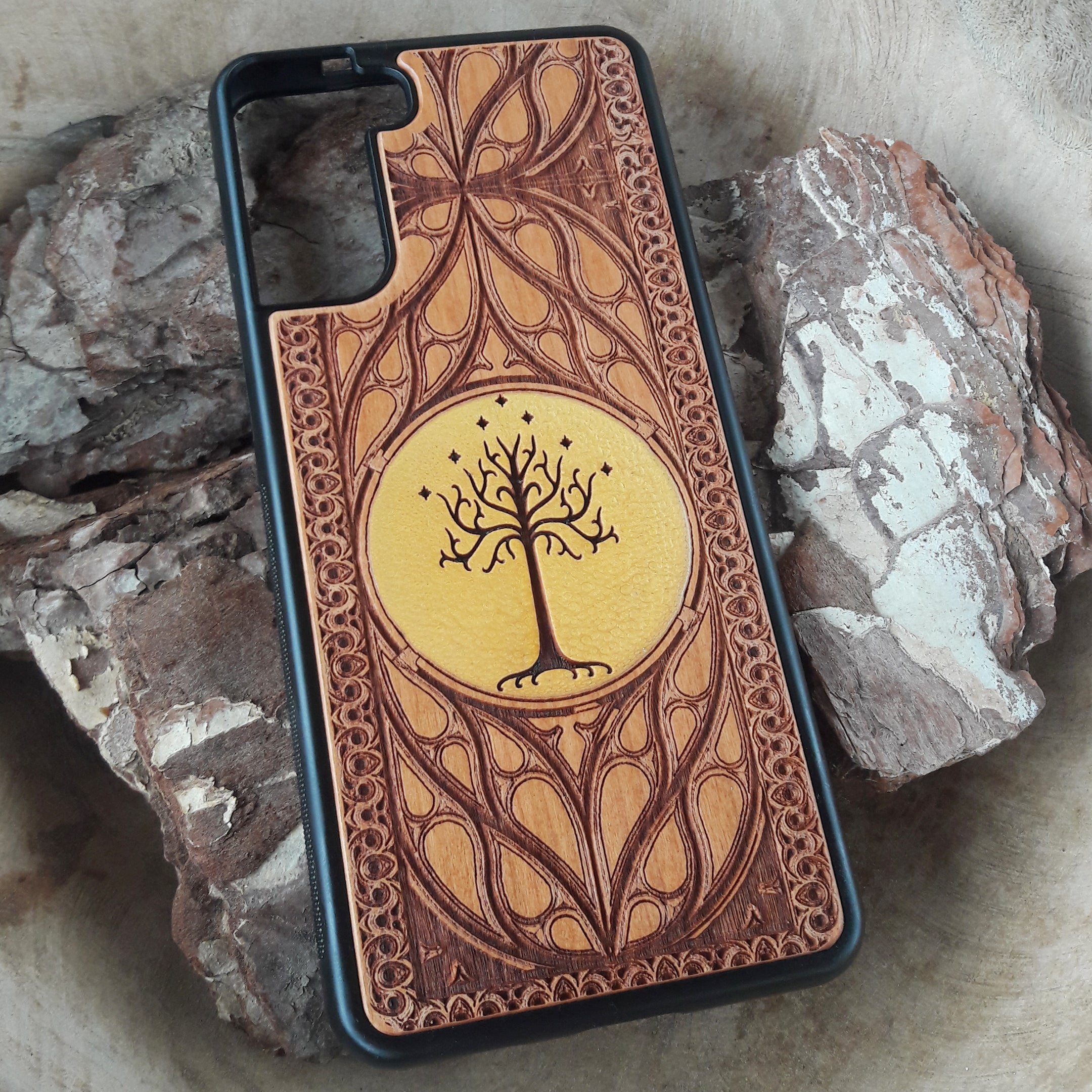 Wood phone case with custom symbol design for iPhone & Samsung Galaxy. Laser-engraved for a unique, personalized look, compatible with iPhone ,15, 14, 13, 12, 11 Pro Max Mini & Samsung Galaxy S, S24, S23, S22, S21, S20 Ultra Plus Note 20.