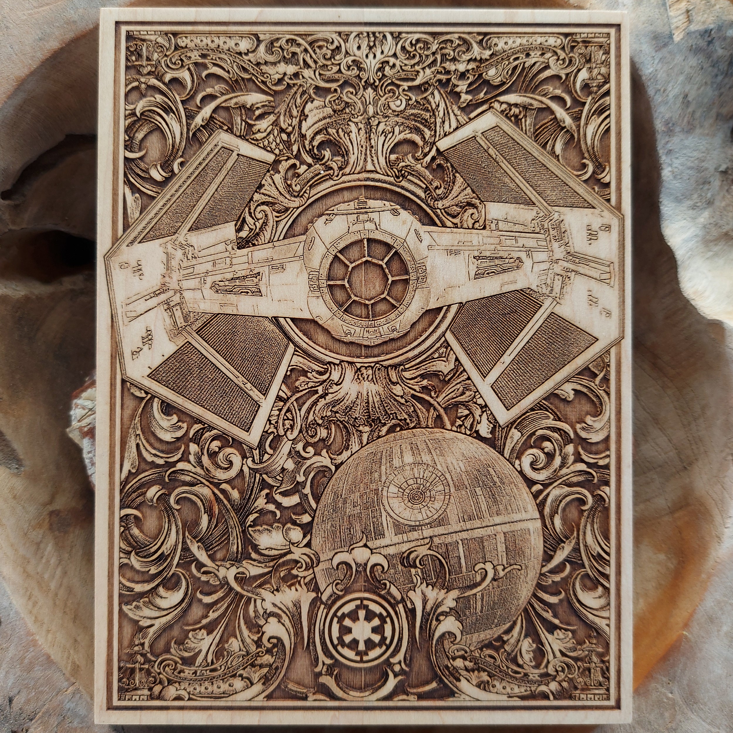 Handmade Star Wars Tie Fighter wood wall art, sci-fi decor for fans.