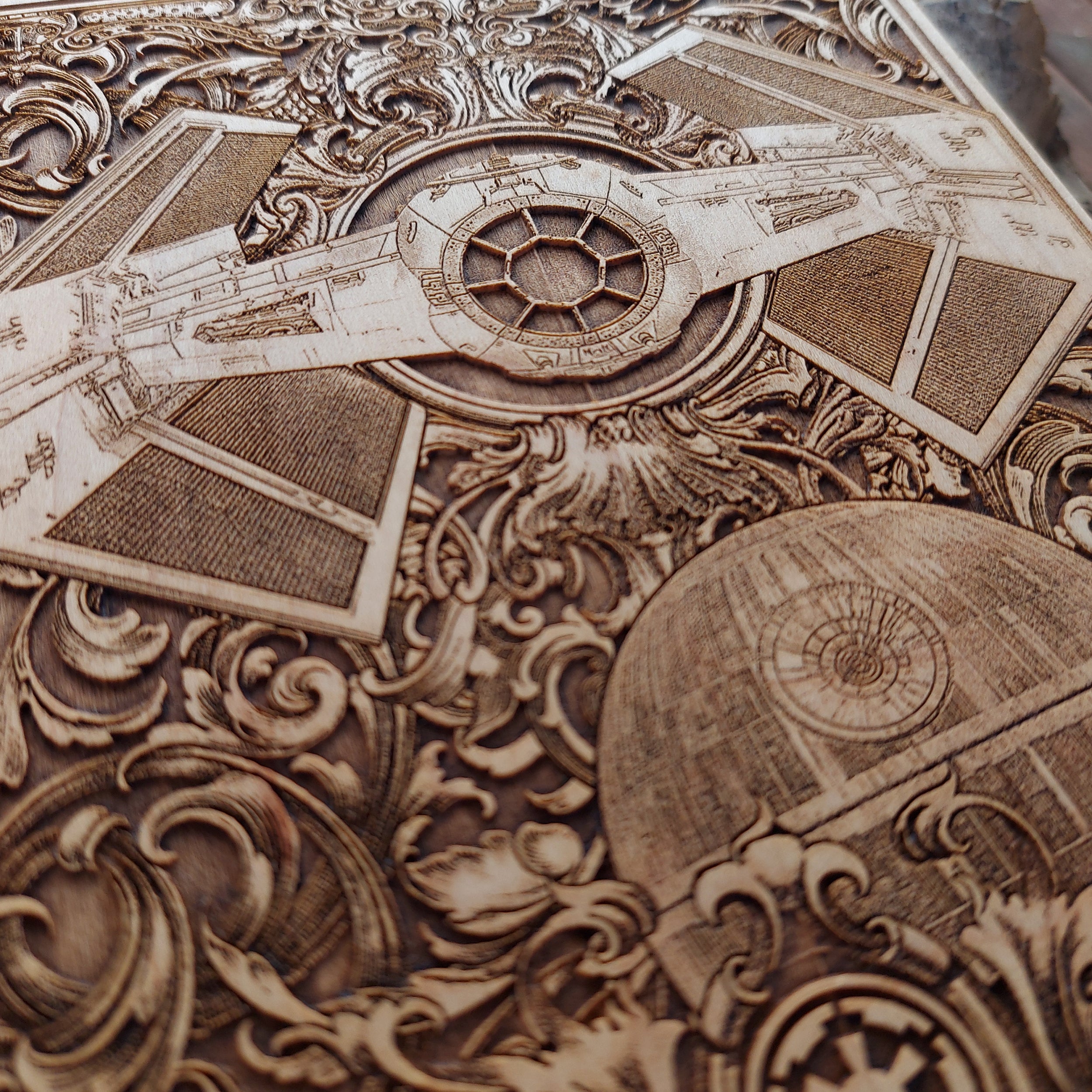 Unique Star Wars-inspired wood art, laser-engraved collectible