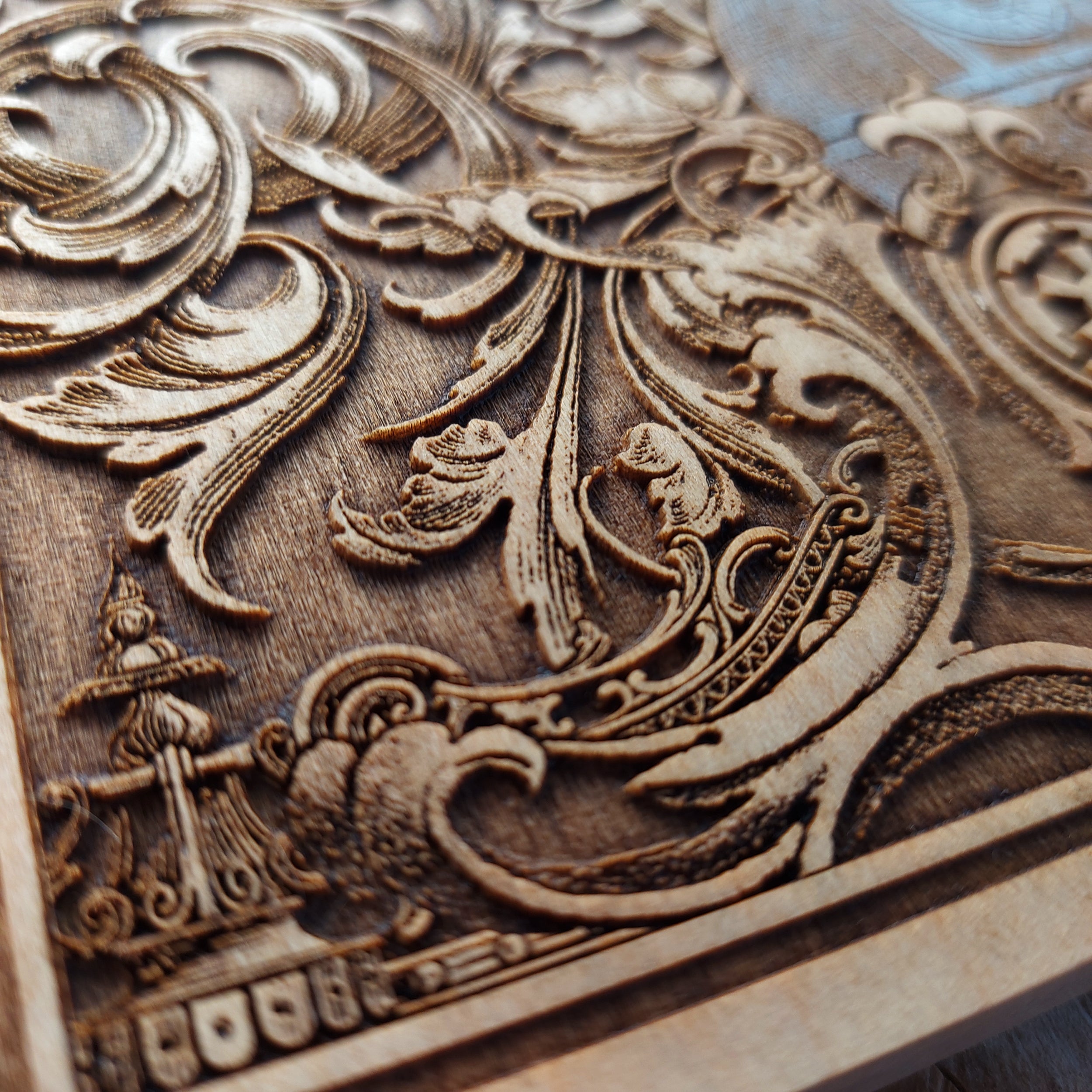 Star Wars wooden wall plaque with detailed engraving of Vader's starfighter.