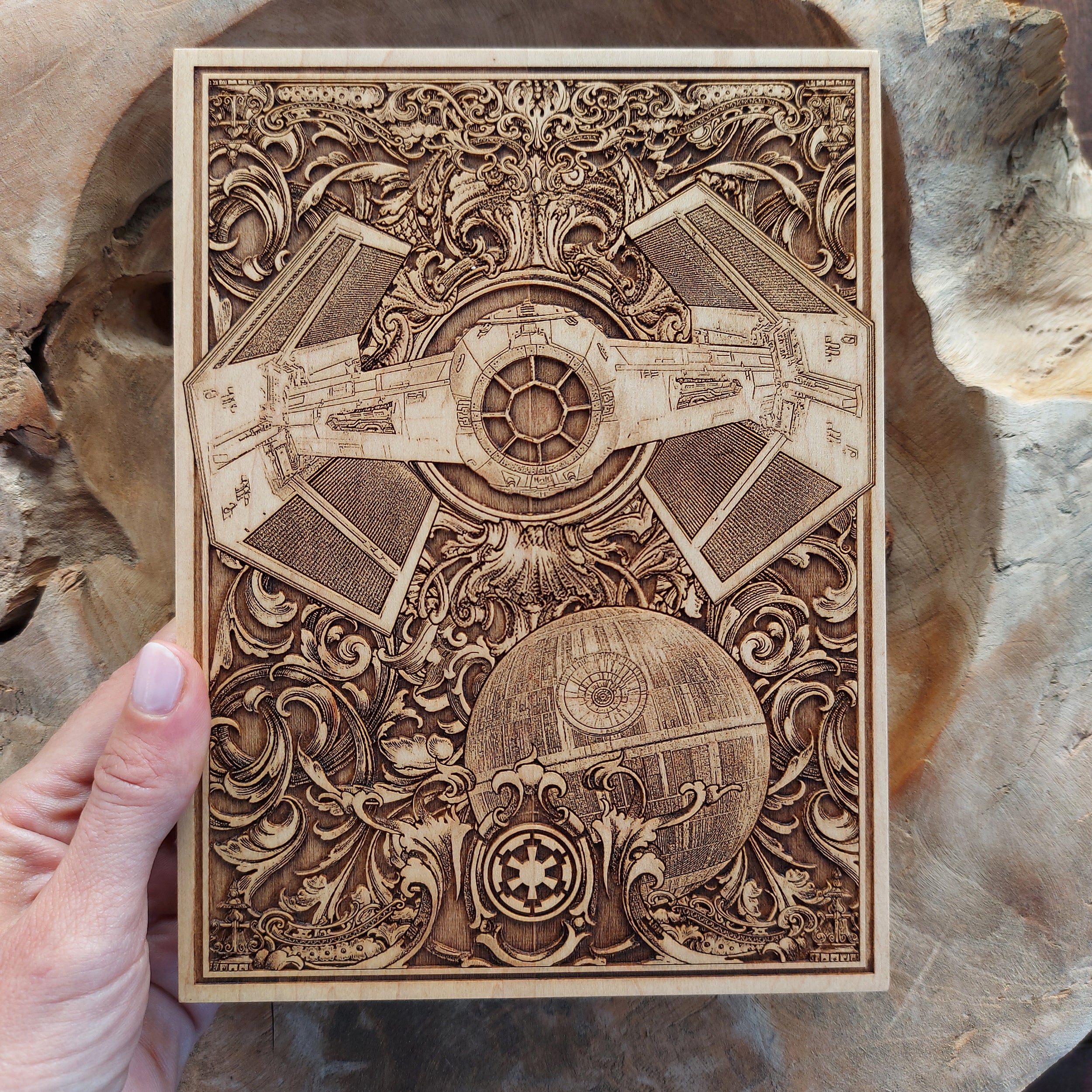 Sci-fi geek wall art, handcrafted Star Wars Tie Fighter piece.