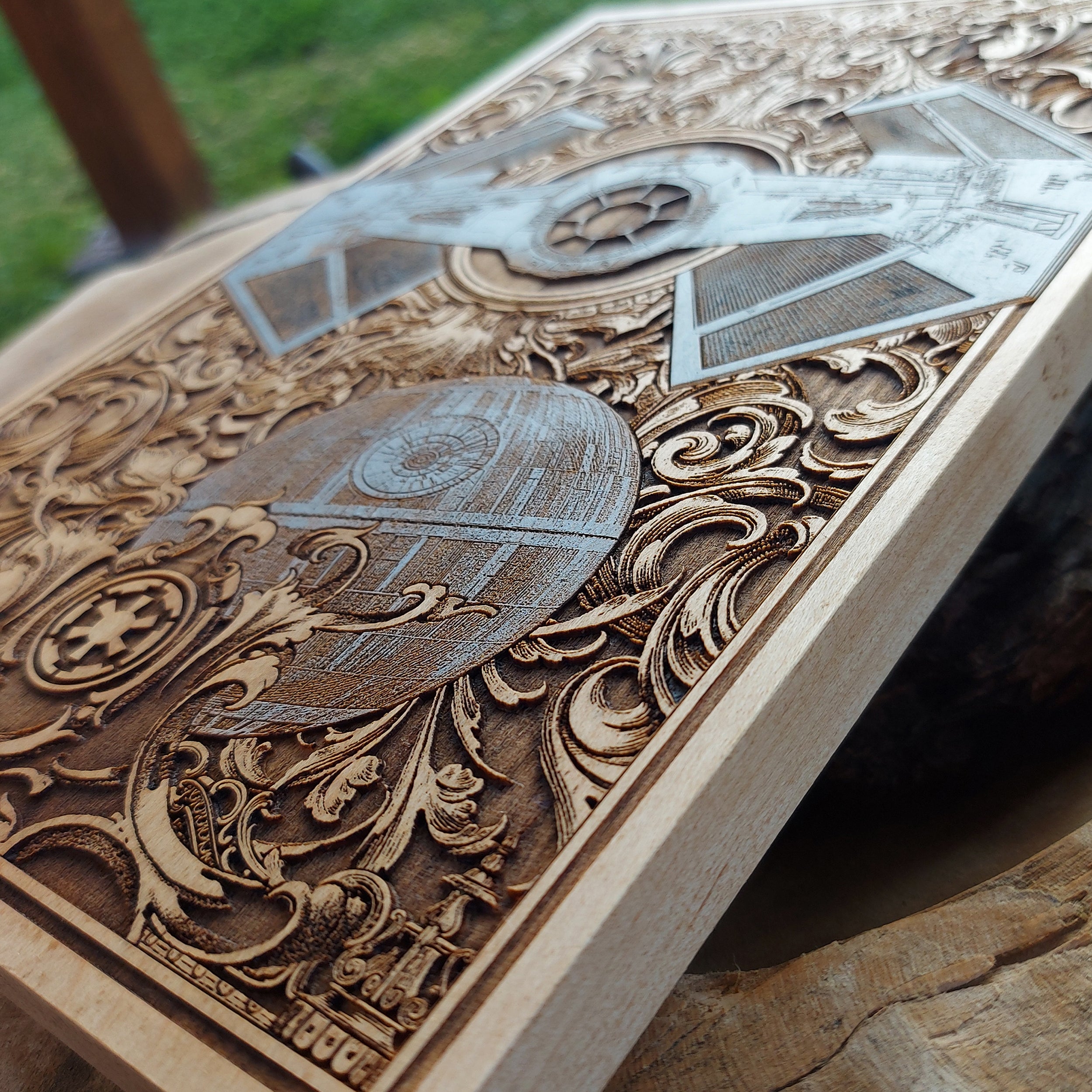 Custom wood wall art of Darth Vader’s spacecraft, ideal geeky gift.