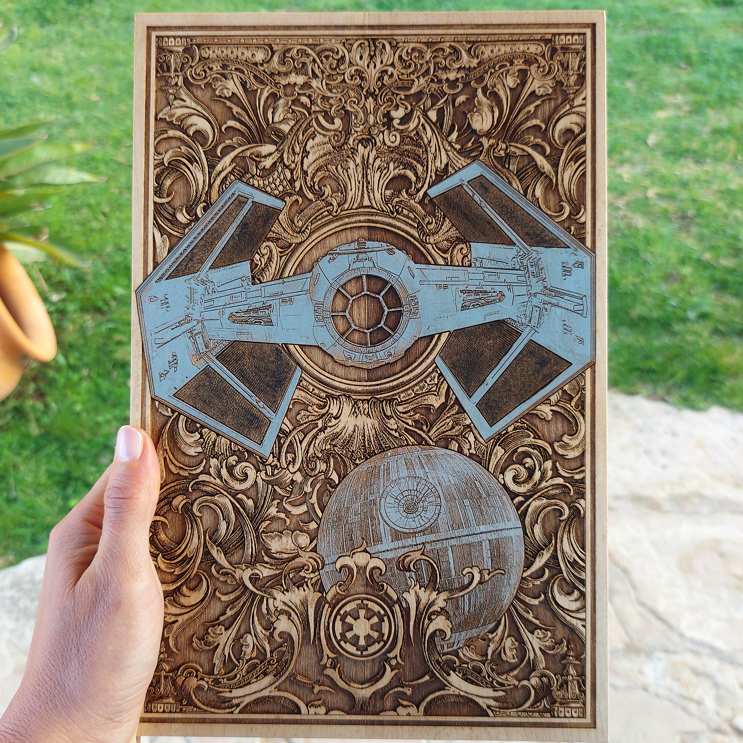 Sci-fi wood wall decor featuring the iconic Star Wars TIE Fighter design.