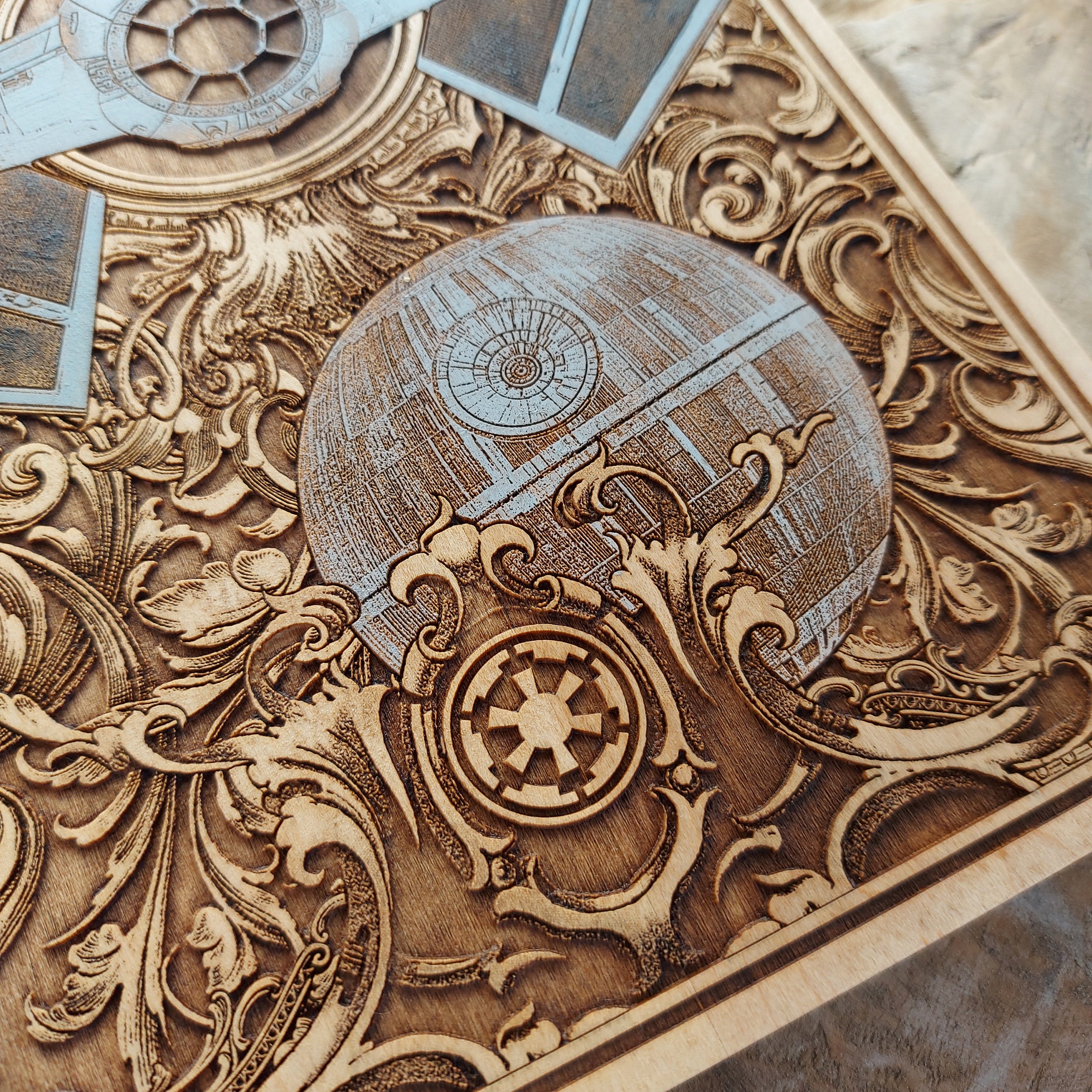 Dark wood engraving of TIE Fighter, epic gift for Star Wars collectors.