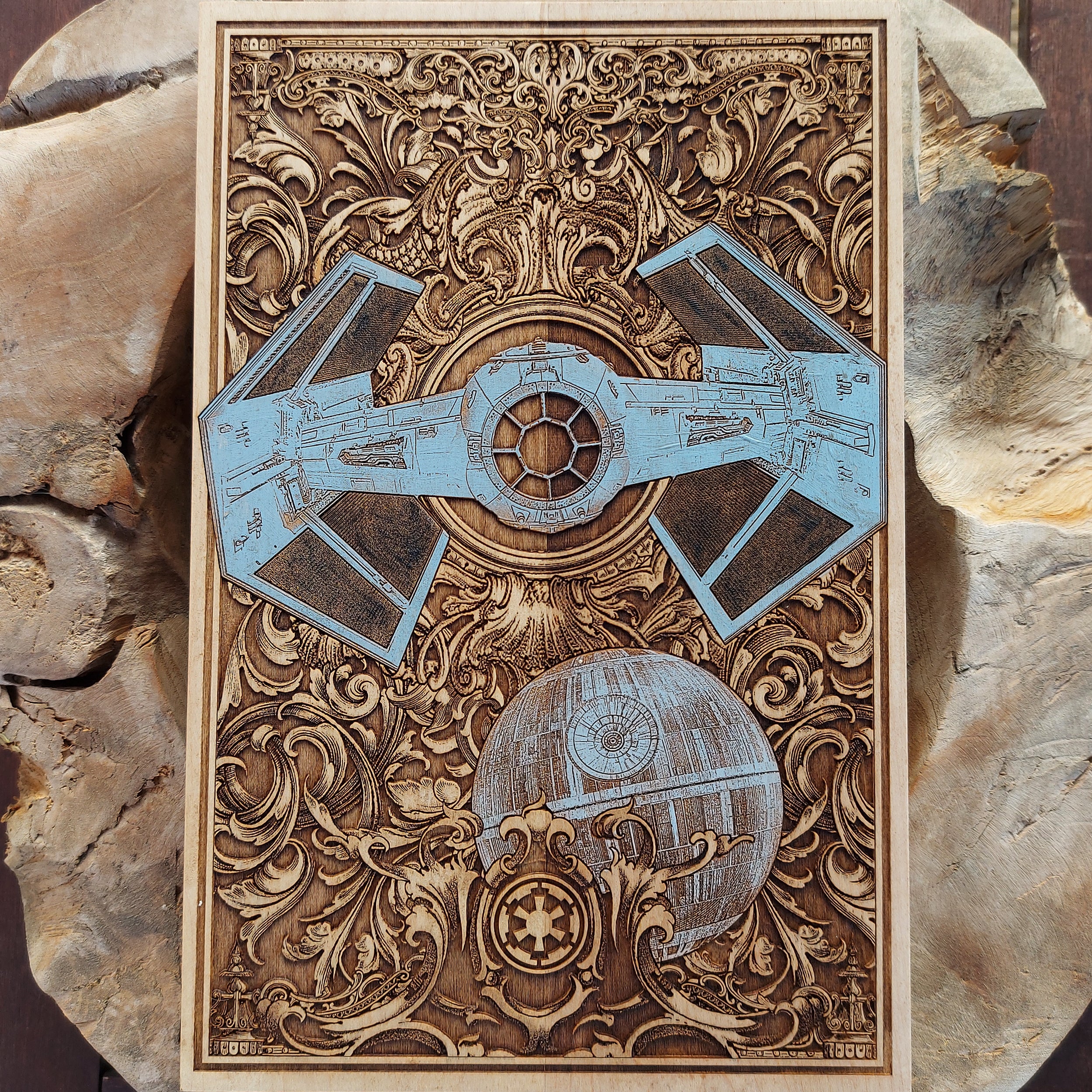 Darth Vader TIE Fighter engraved on wood, perfect wall art for Star Wars fans.