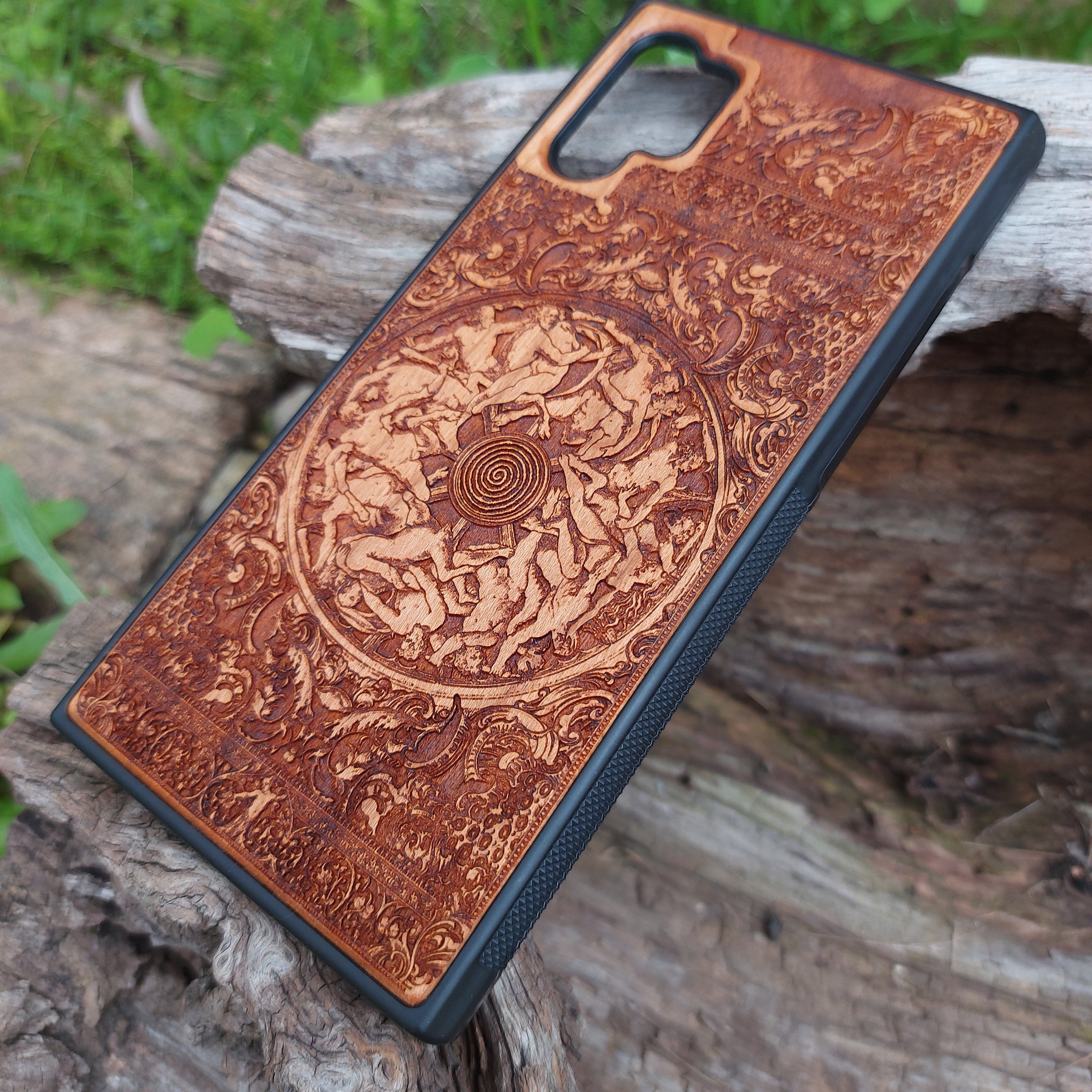 War-themed wooden phone case with gothic engravings, designed for iPhone , iPhone 15, Samsung Galaxy S, Note 20, and more. Intricate, handcrafted design perfect for history and gothic art enthusiasts.