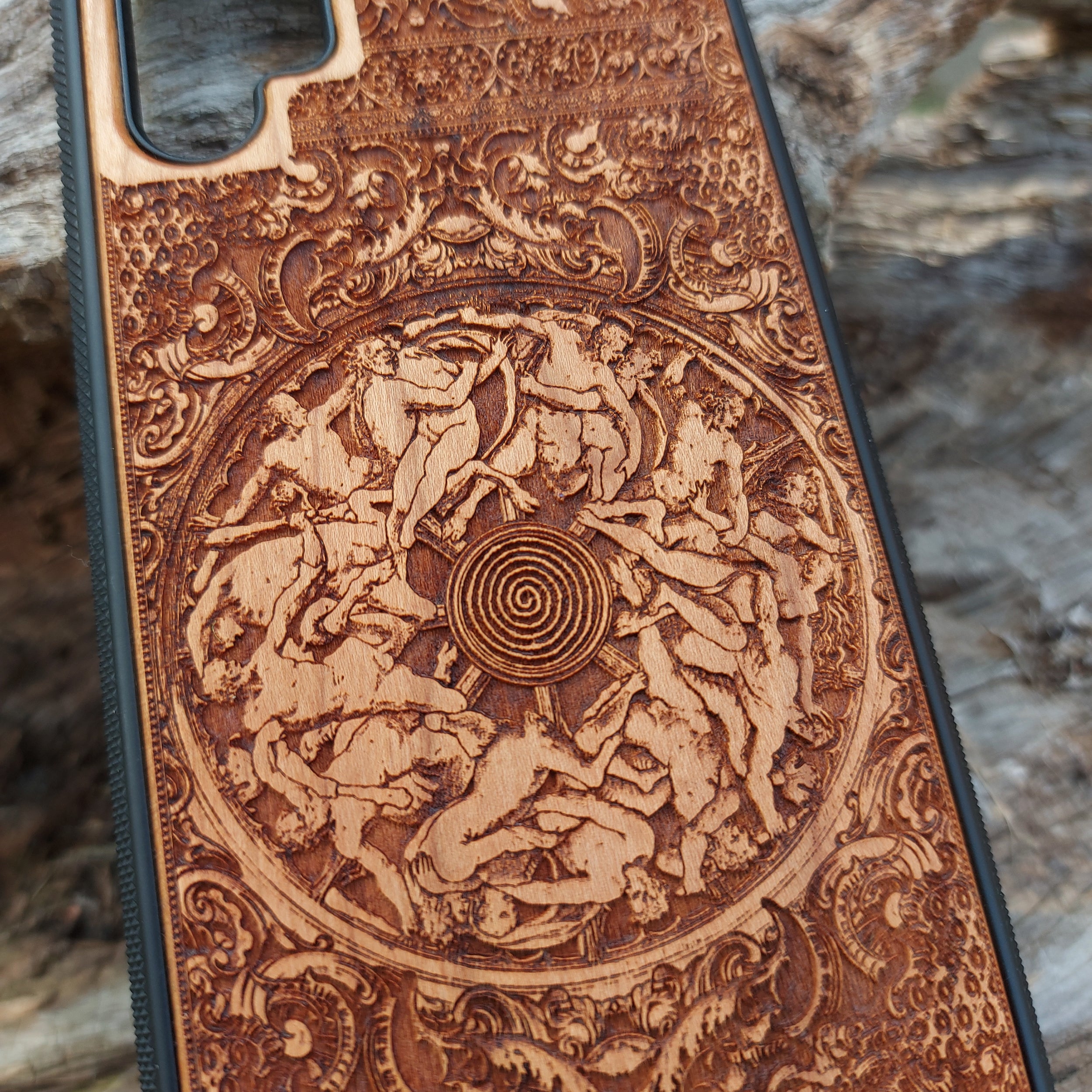 War-themed wooden phone case with gothic engravings, designed for iPhone , iPhone 15, Samsung Galaxy S, Note 20, and more. Intricate, handcrafted design perfect for history and gothic art enthusiasts.