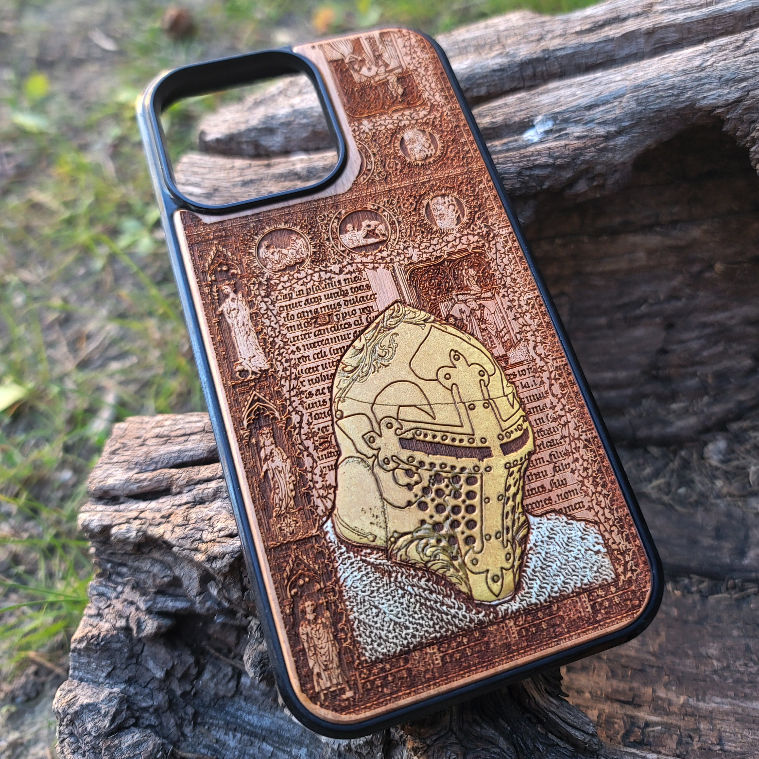 Medieval knight wooden phone case featuring hand-painted armor design, laser-engraved on cherrywood. Compatible with iPhone -11 Pro Max, Galaxy S-S20. Gothic-inspired phone case.