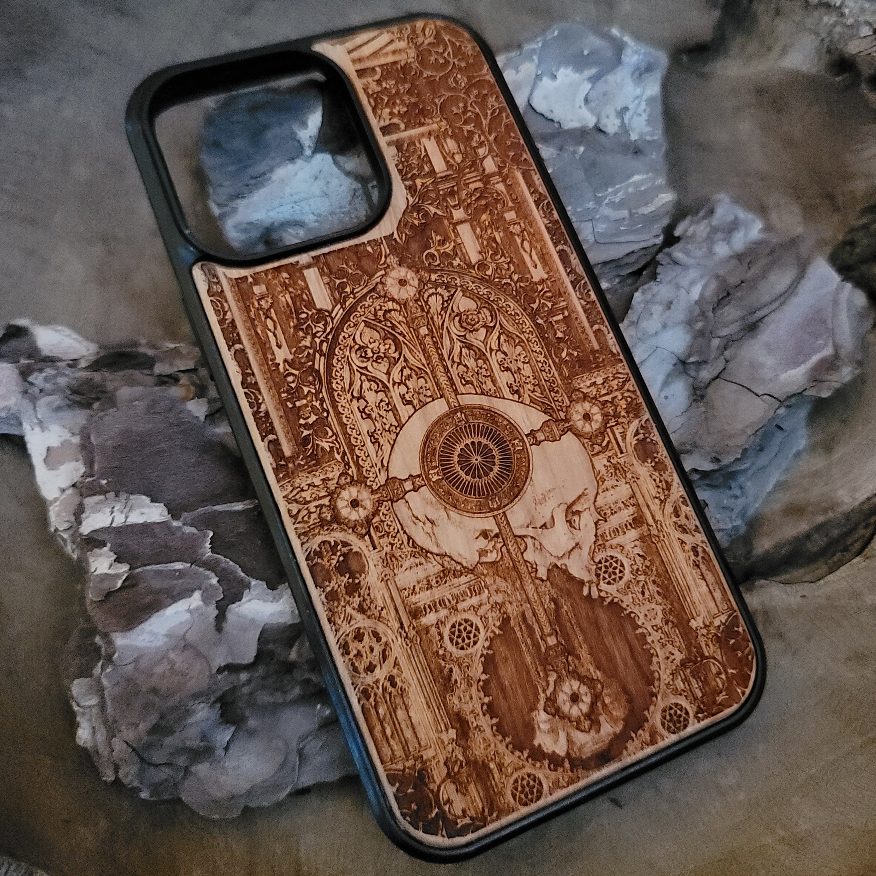 Religious gothic wooden phone case featuring intricate carvings, perfect for iPhone , iPhone 15, Galaxy S, and other models. A unique, handcrafted accessory ideal for fans of gothic and religious art.