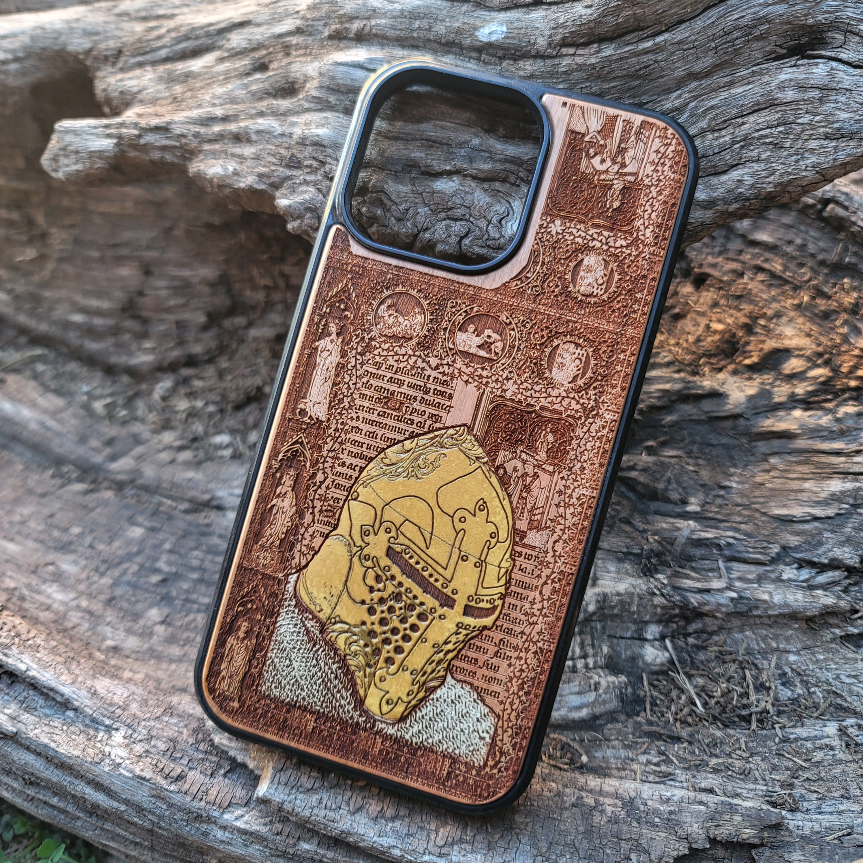 Medieval knight wooden phone case featuring hand-painted armor design, laser-engraved on cherrywood. Compatible with iPhone -11 Pro Max, Galaxy S-S20. Gothic-inspired phone case.