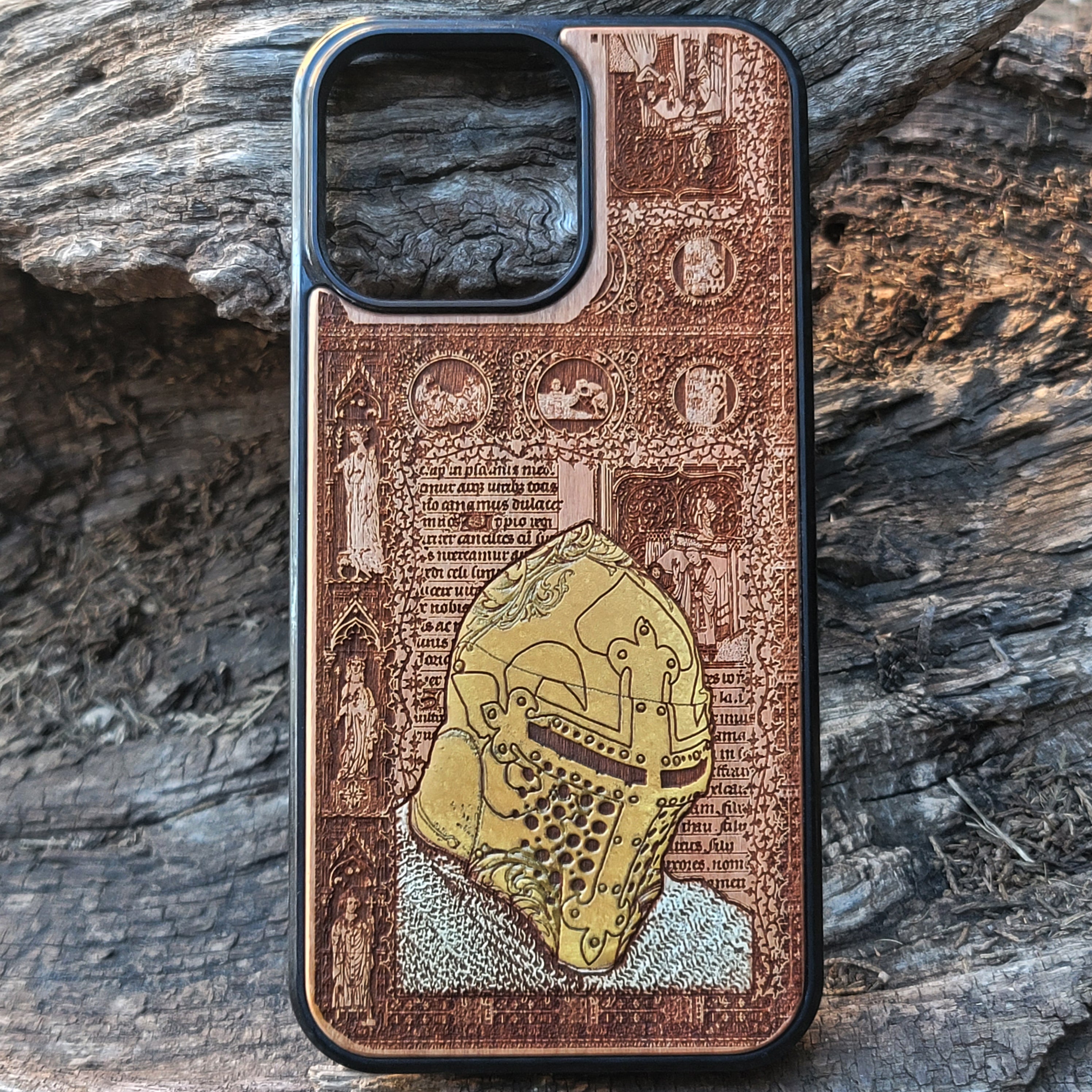 Medieval knight wooden phone case featuring hand-painted armor design, laser-engraved on cherrywood. Compatible with iPhone -11 Pro Max, Galaxy S-S20. Gothic-inspired phone case.