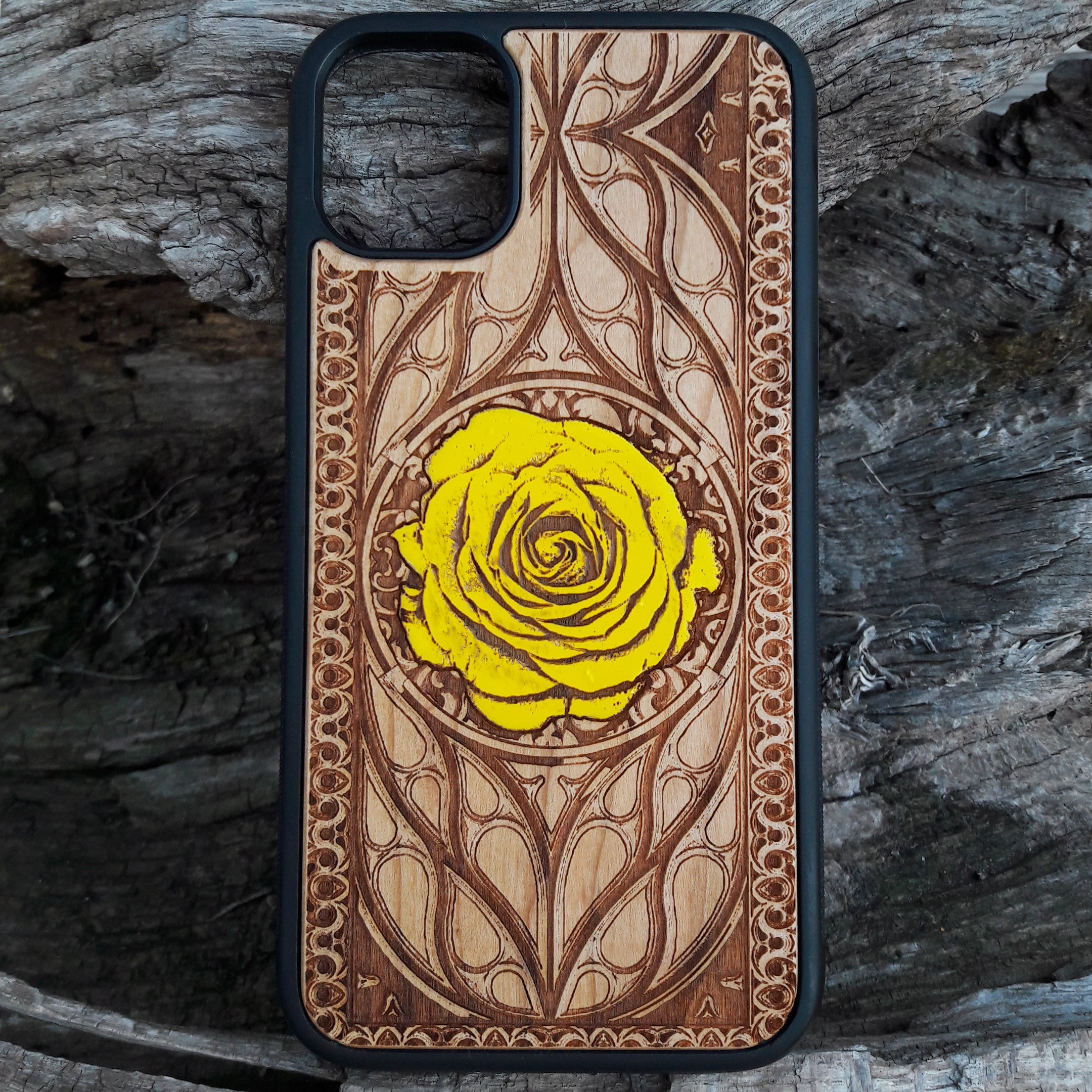Yellow rose engraved on a wooden phone case, compatible with iPhone and Samsung Galaxy