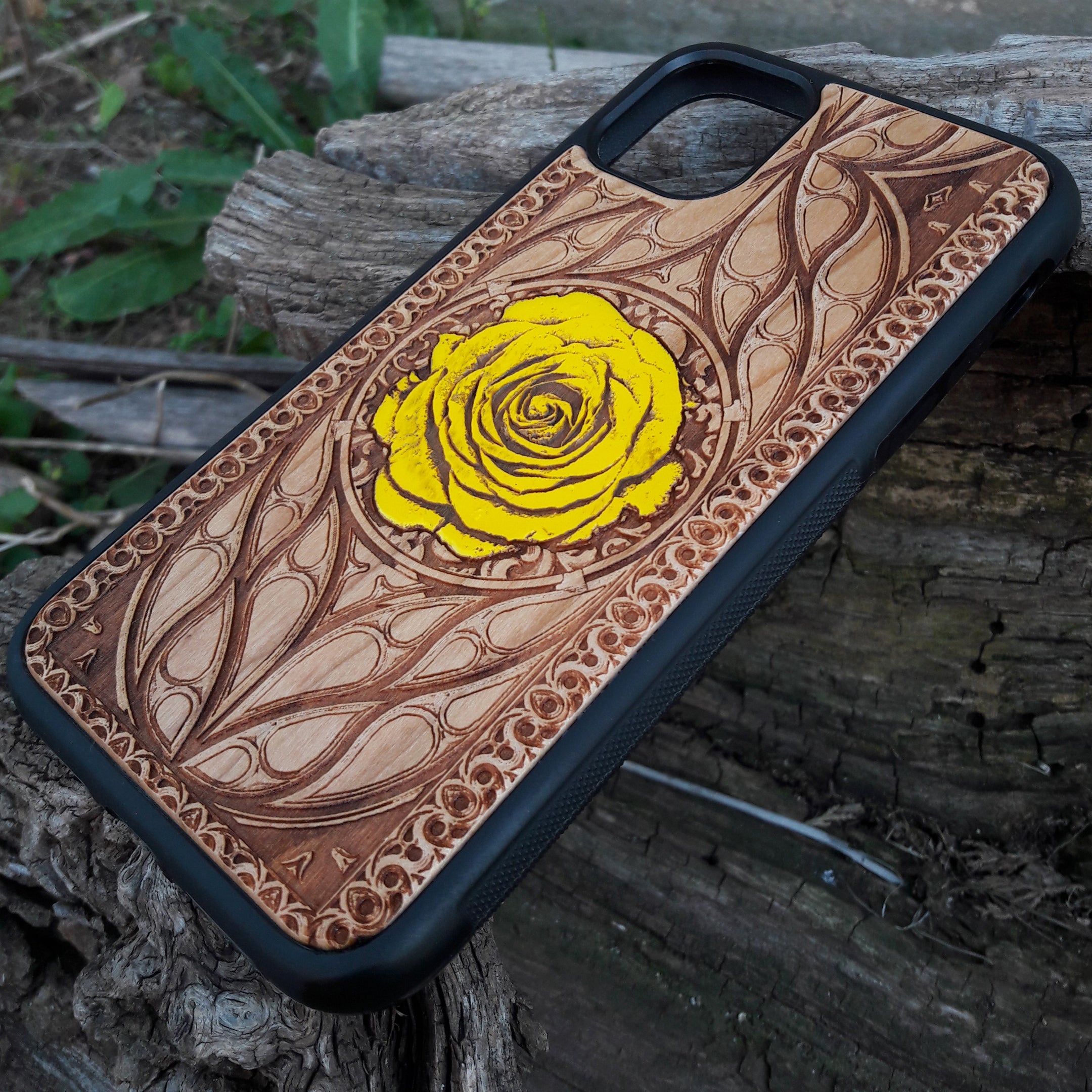 Yellow rose engraved on a wooden phone case, compatible with iPhone and Samsung Galaxy