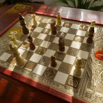 Handmade Lord of the Rings wooden chess coffee table with laser engraved maple chessboard and red walnut stained tabletop